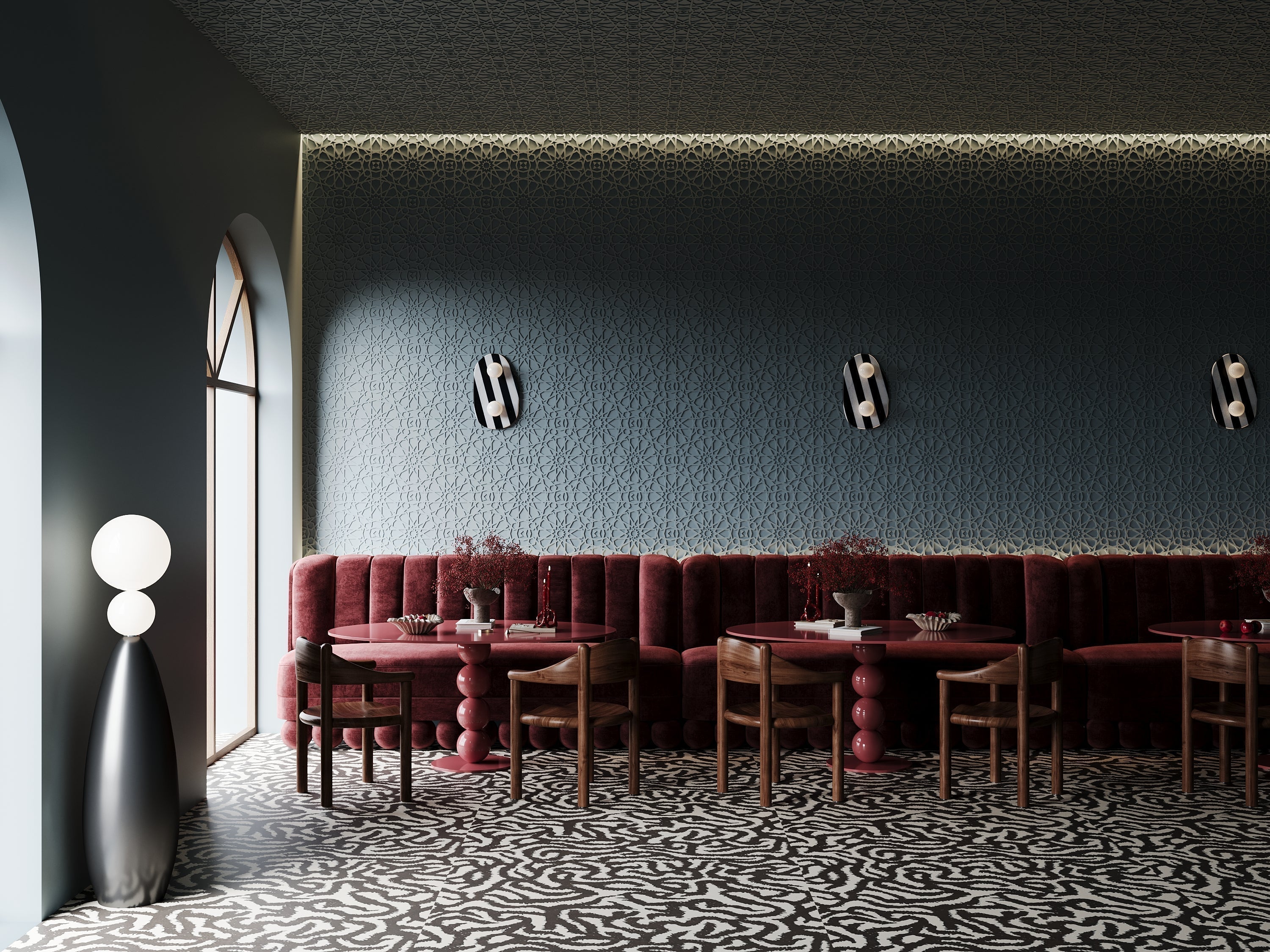 3D wall panel in a Swiss commercial bar interior, A1 fire rated wall covering