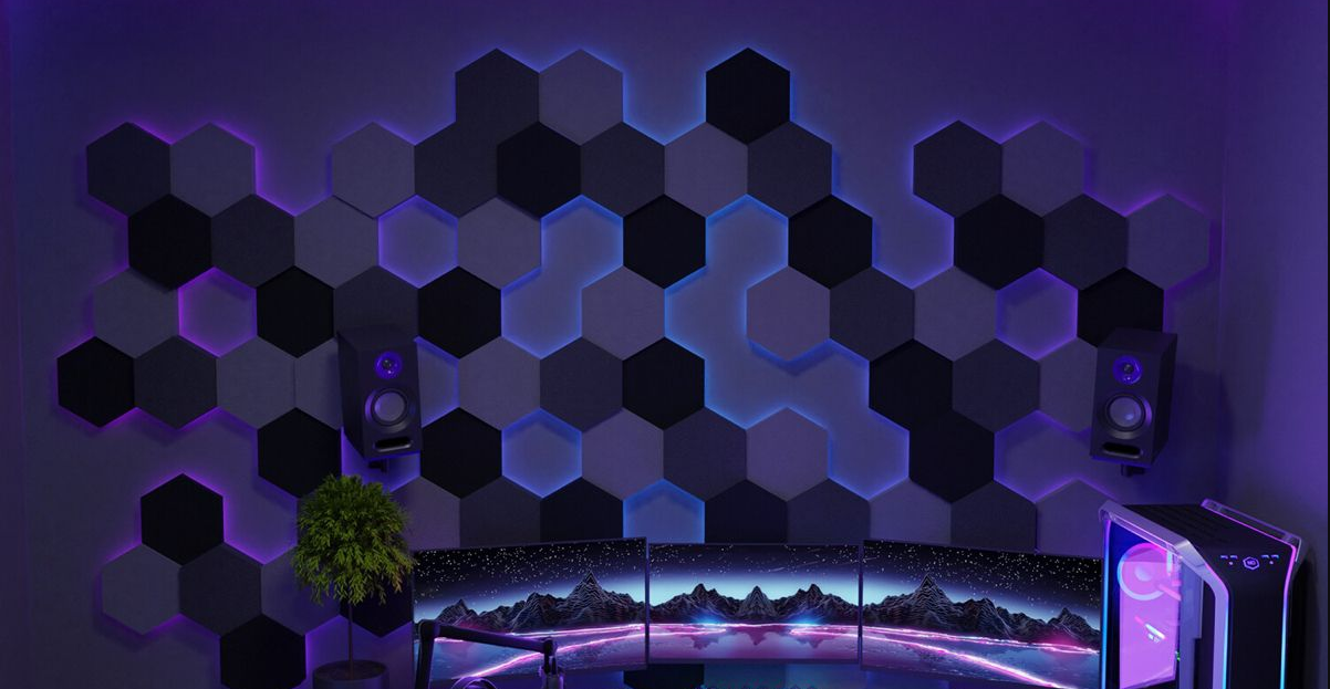 Designed gaming room with LED-lit 3D wall panels, decor and accessories for an immersive setup