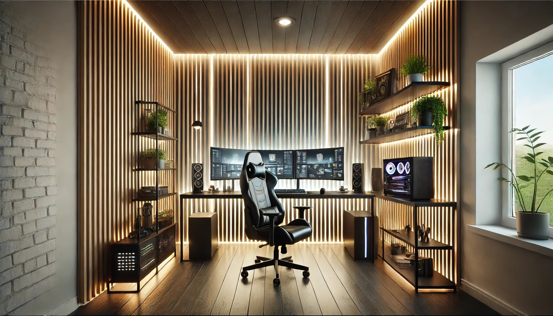 Sophisticated high-performance gaming room with textured 3D wall panels and subtle lighting