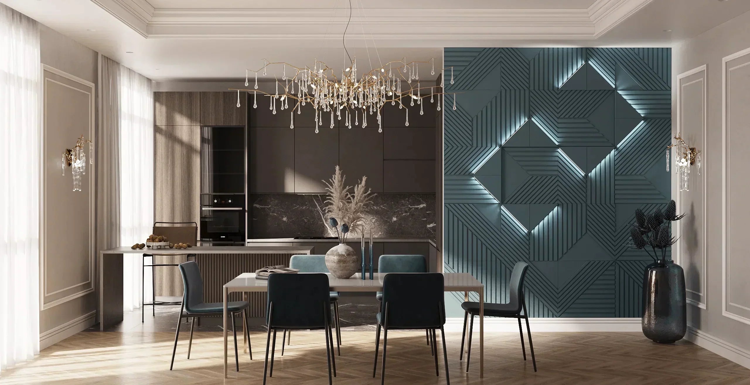 LED-integrated 3D wall panels casting ambient light across an interior feature wall