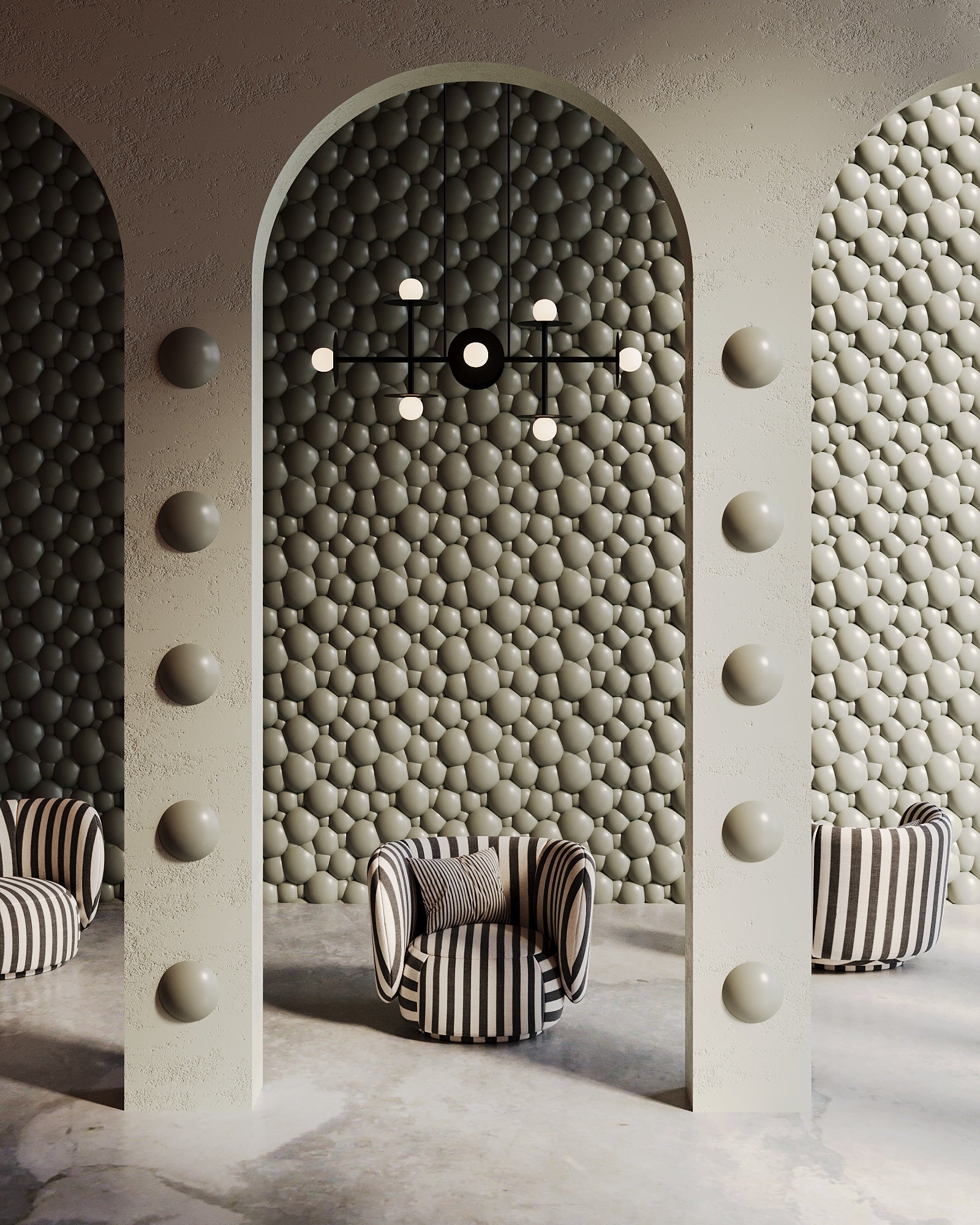 Whimsical creative interior featuring 3d wall panels in warm deep brown and gree color. 3D covering on the wall have a bubble or foam pattern. Organic shapes of the interior make it a luxurious and modern interior.