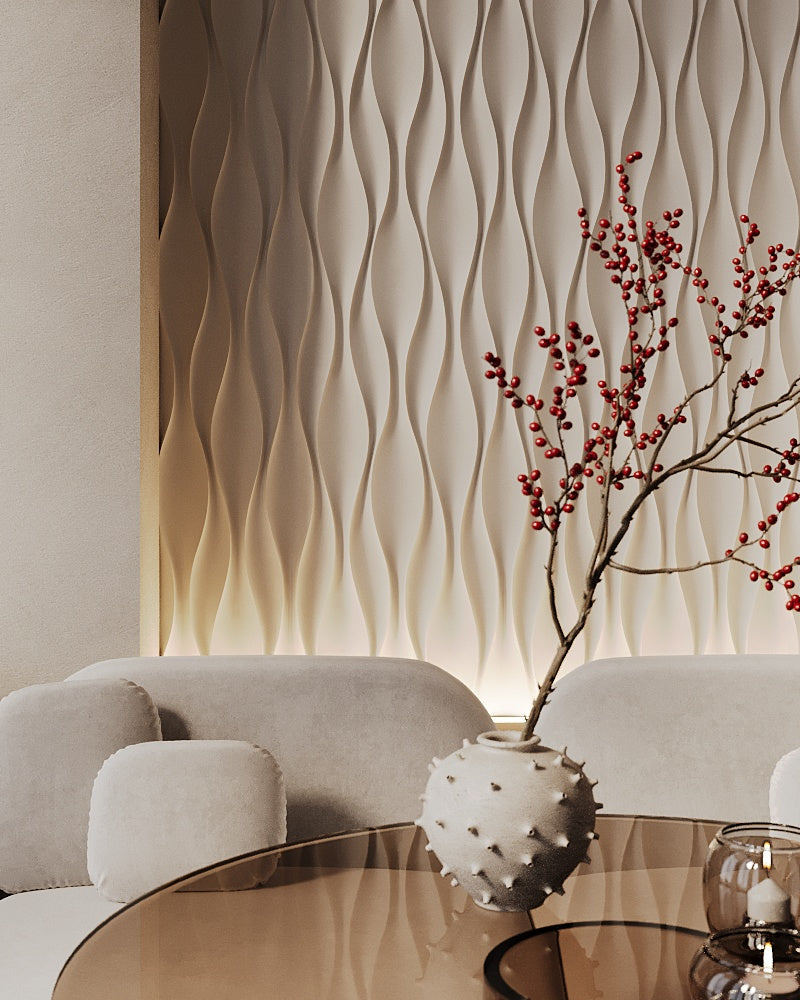 Interior design of a modern luxury restaurant featuring 3d gypsum wall panels implemented in the arches. lowing organic natural patterns. Beige, warm white, brown color tones. Sustainable materials