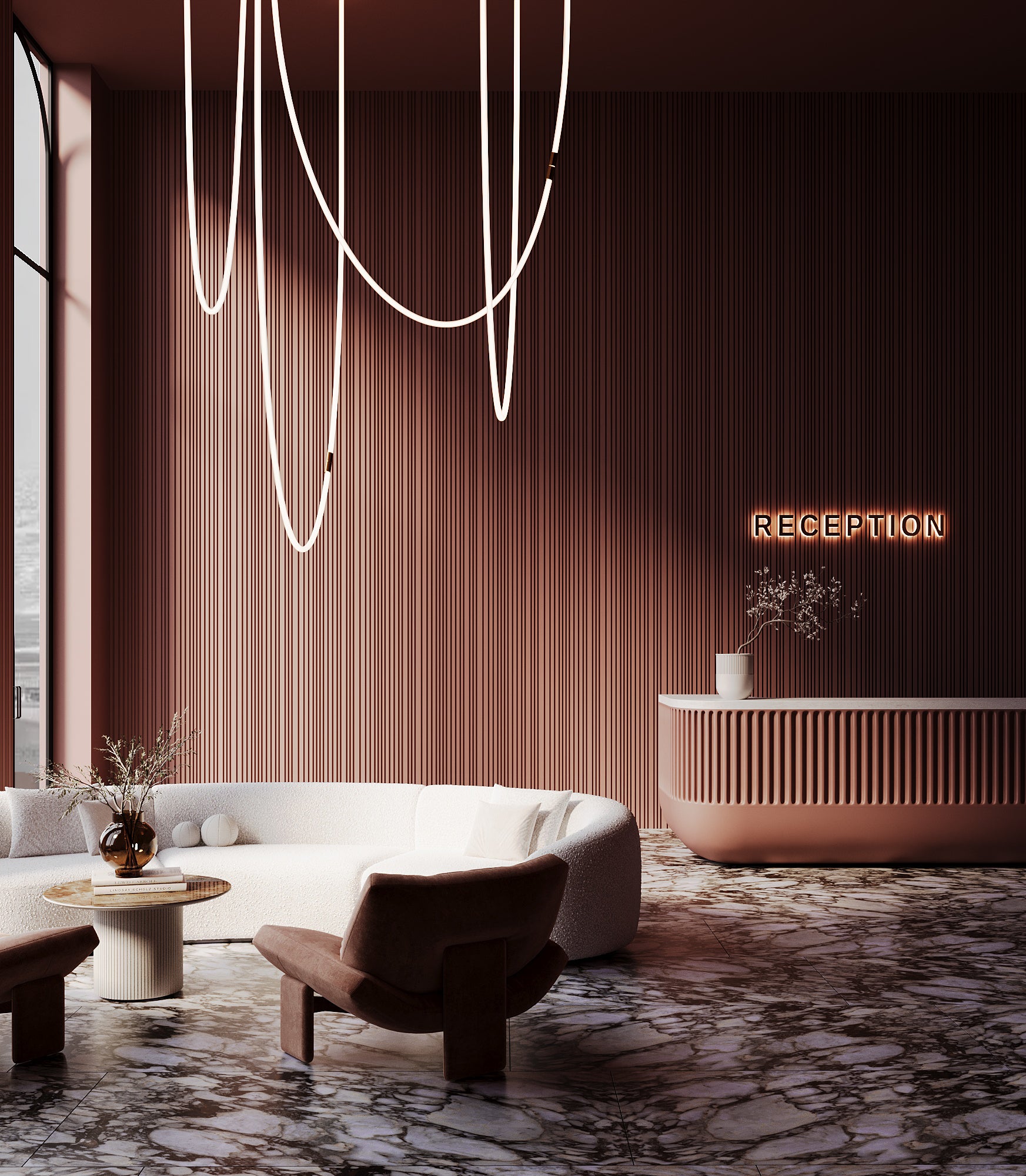 HOTEL RECEPTION WITH 3D WALL PANELS AND LED INTEGRATION