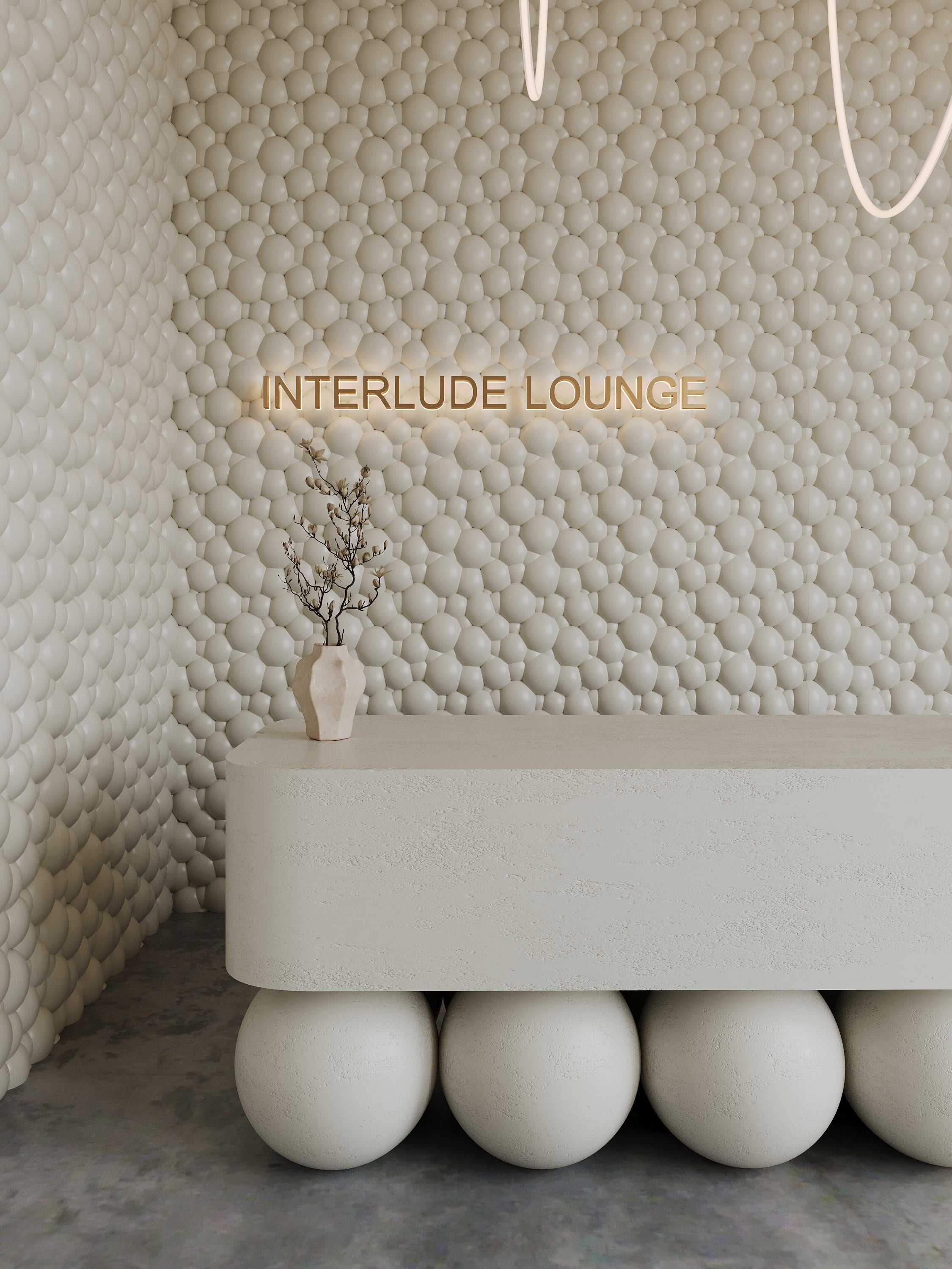 3D Wall Panel SOAP from gypsum is installed in a commercial setting of gallery style lounge creative space in neutral interior tones