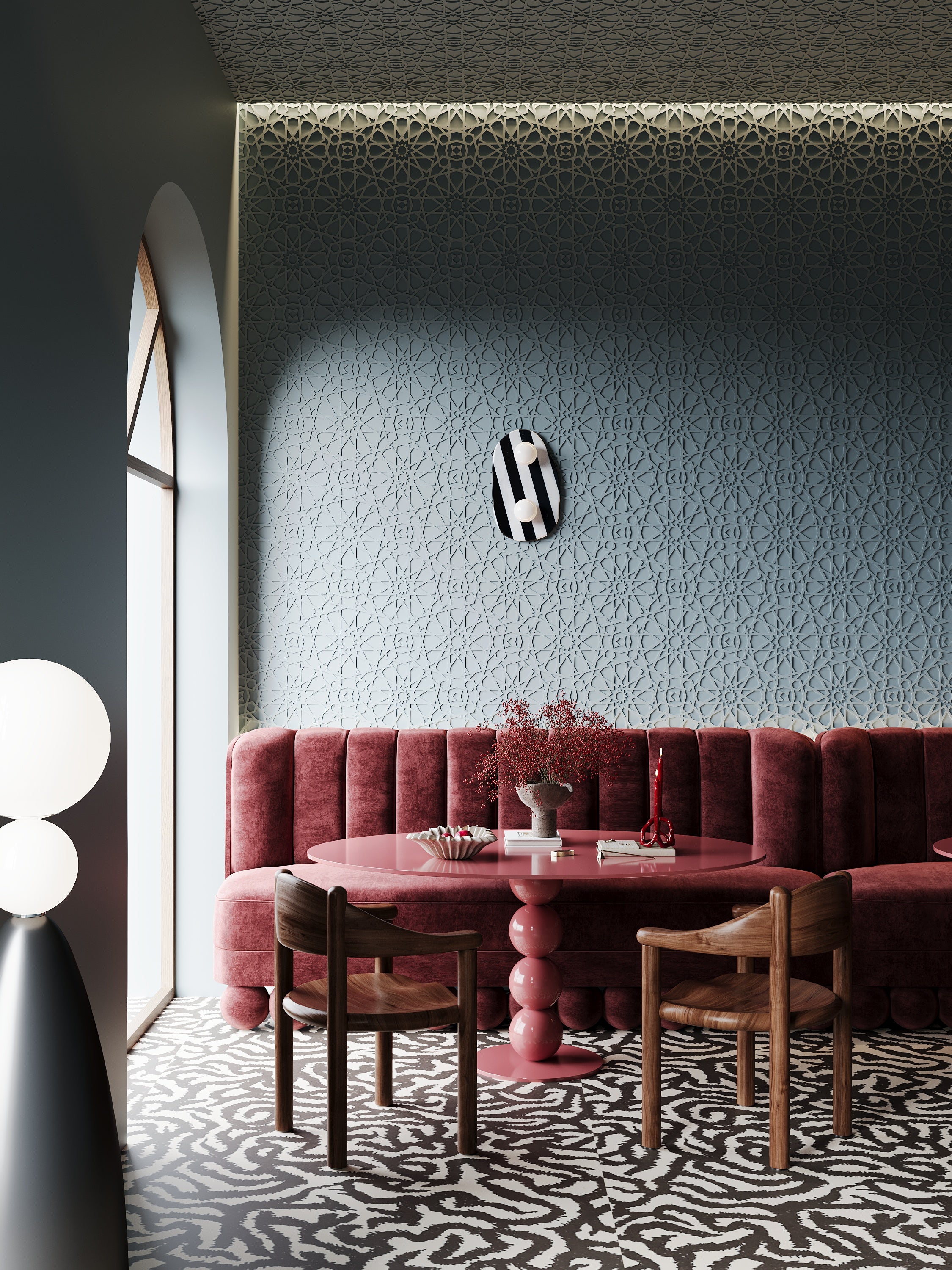 Ornata 3d wall panel from gypsum installed in a commercial bar restaurant interior blue and bordeaux moody design tones