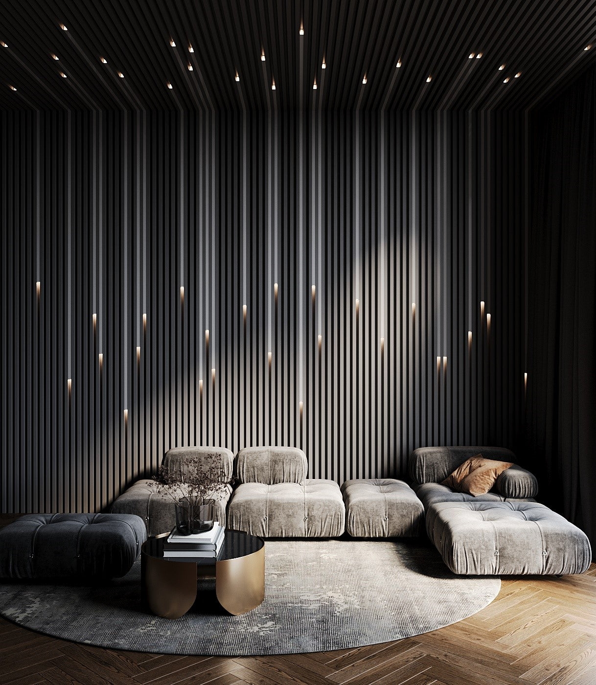Residential Interior TV Room Living Room Luxury Interior design with 3d Wall Panels Slat Panels with LED light integration