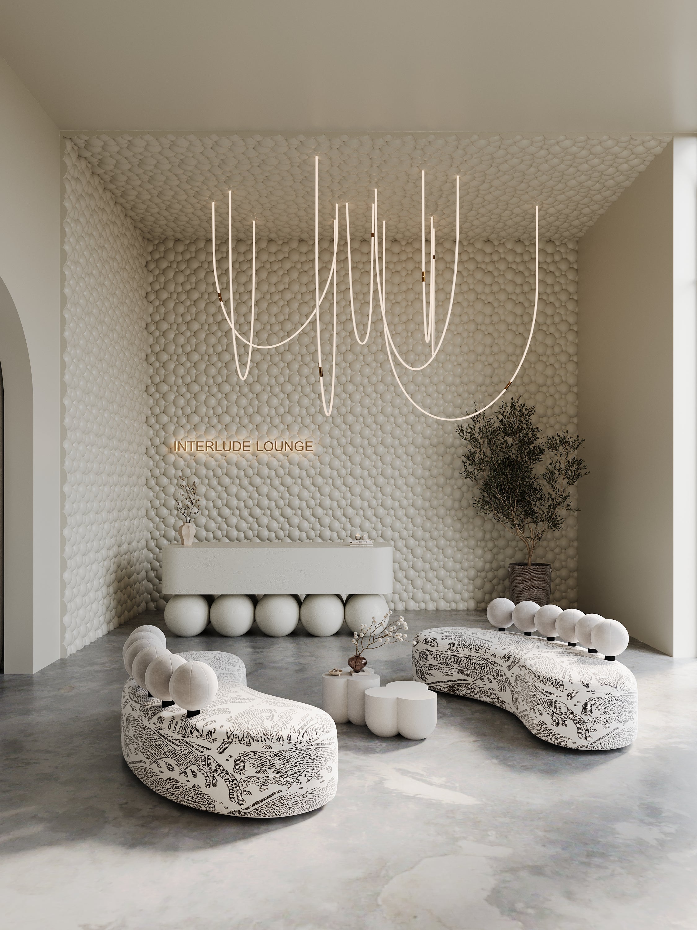 3D Wall Panel SOAP from gypsum is installed in a commercial setting of gallery style lounge creative space in neutral interior tones