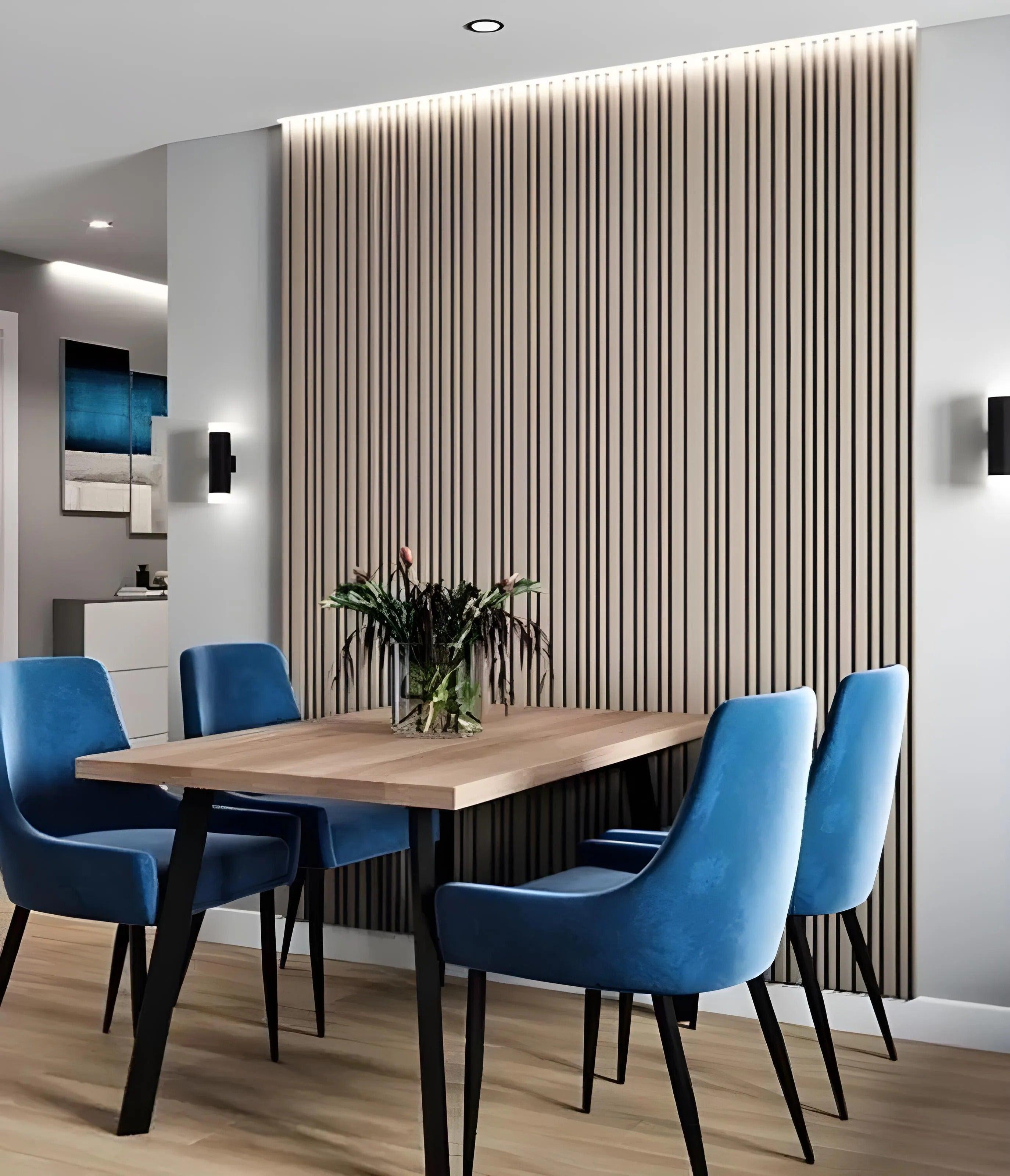 led 3d wall panel gypsum plaster Swiss quality, kitchen dining room feature wall linear design beige