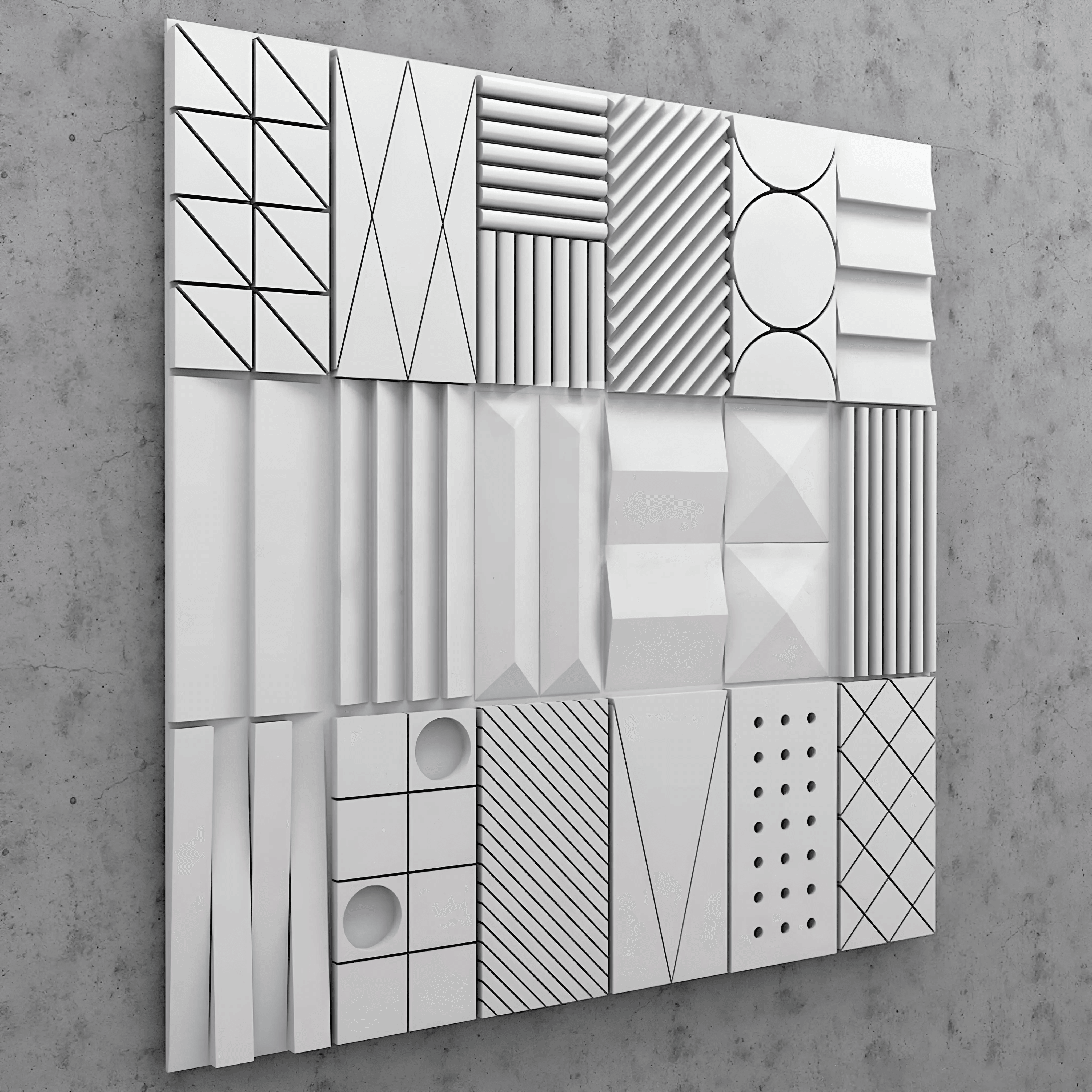 product photo 3d wall gypsum panel abstract geometric design Swiss quality public bathroom