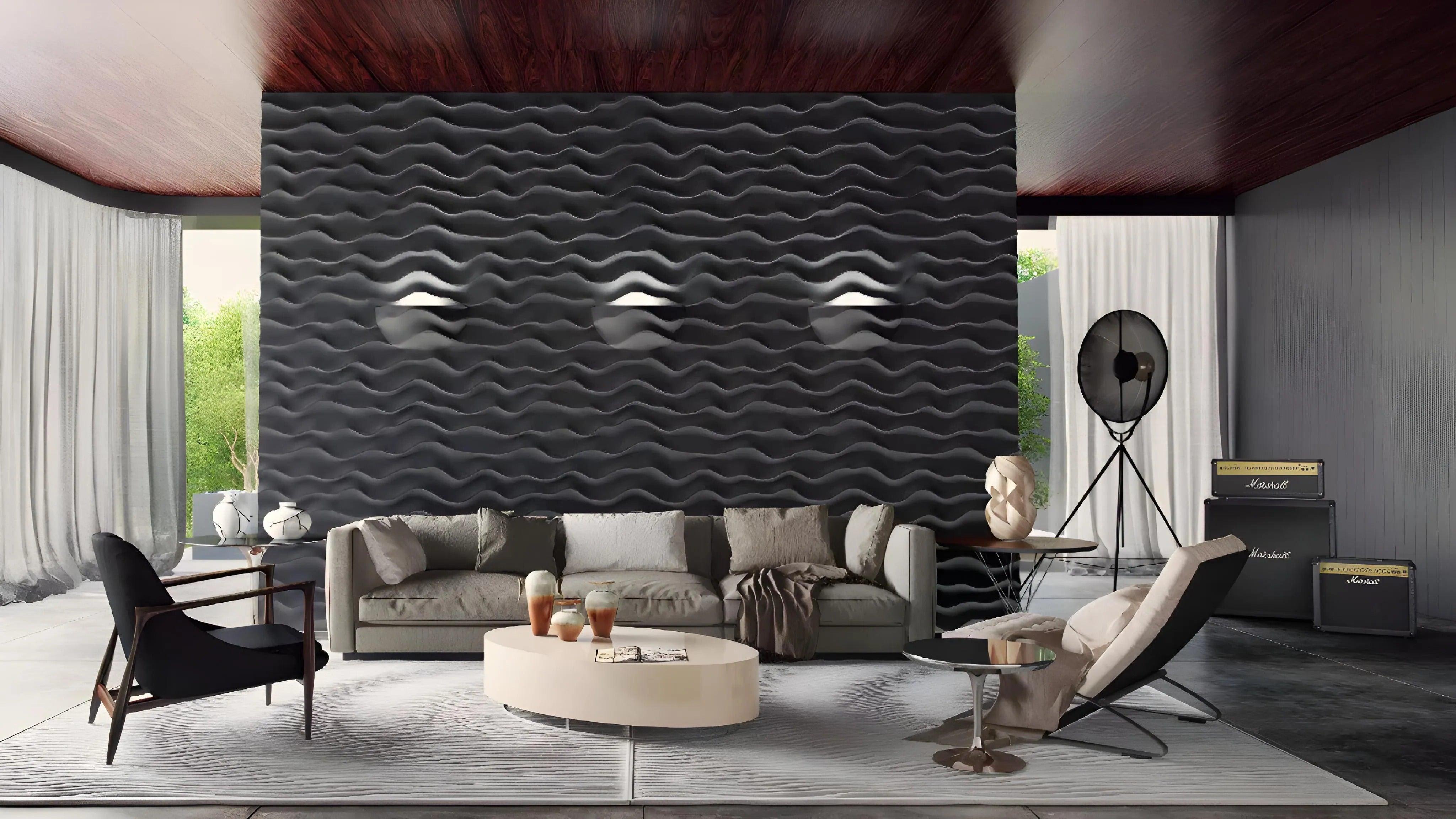 3d textured panels porcelain plaster effect, three dimensional wall art, 3d gypsum panels, wave pattern, dune pattern, living room large black feature wall textured