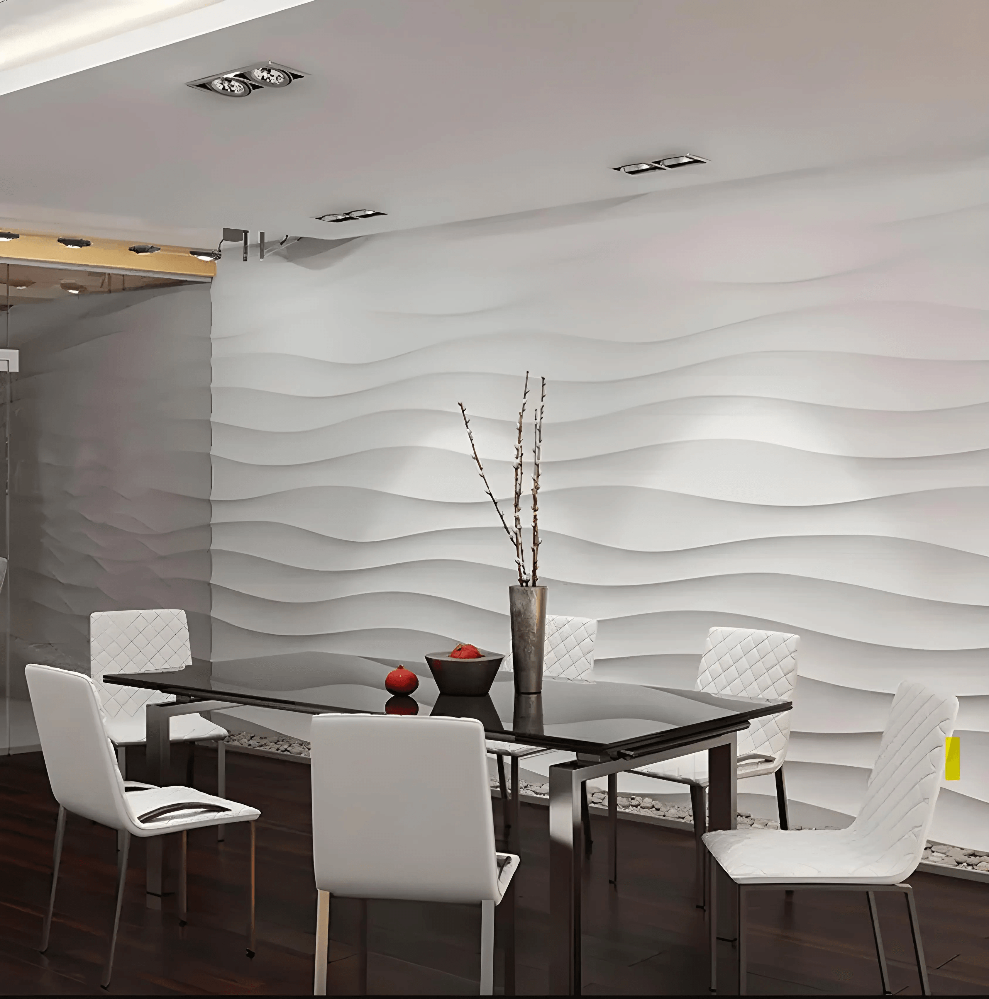 3d porcelain plaster wall covering, waves pattern design, three dimensional wall at installation, interior design meeting room feature wall