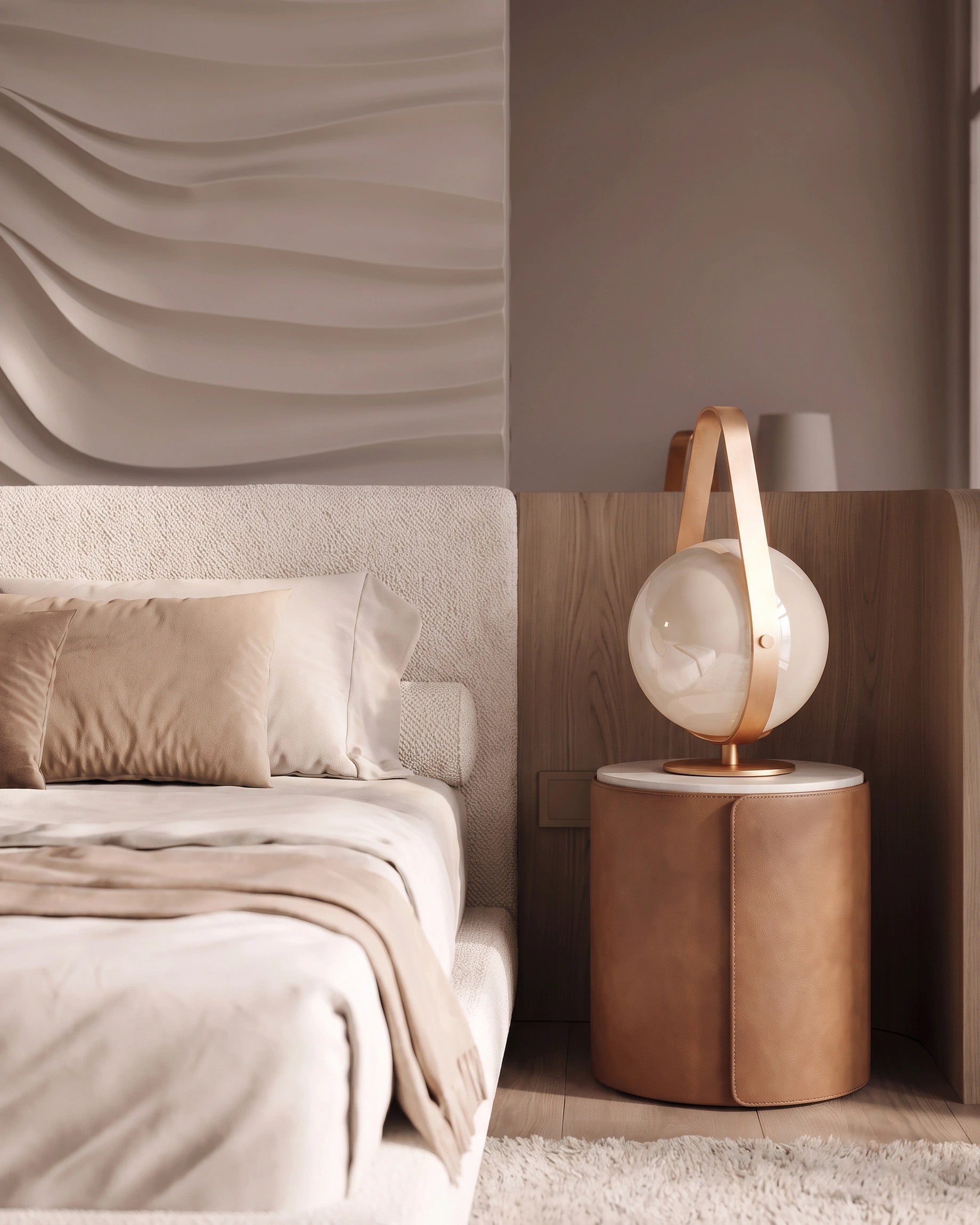 SURF 0077 gypsum 3D wall panel waves above a bedside table with glass globe lamp