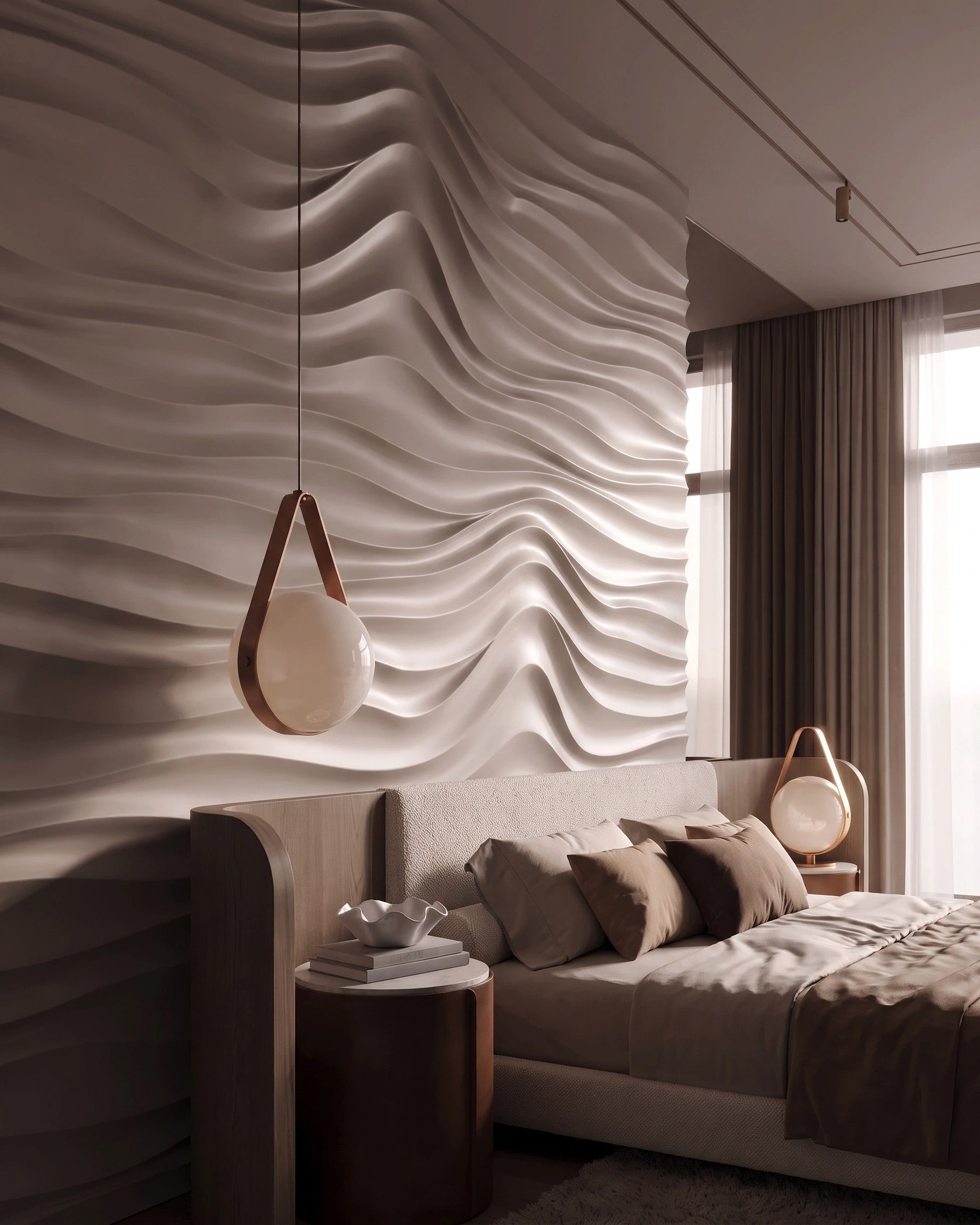 SURF 0077 gypsum 3D wall panel feature wall in a bedroom with curtained windows