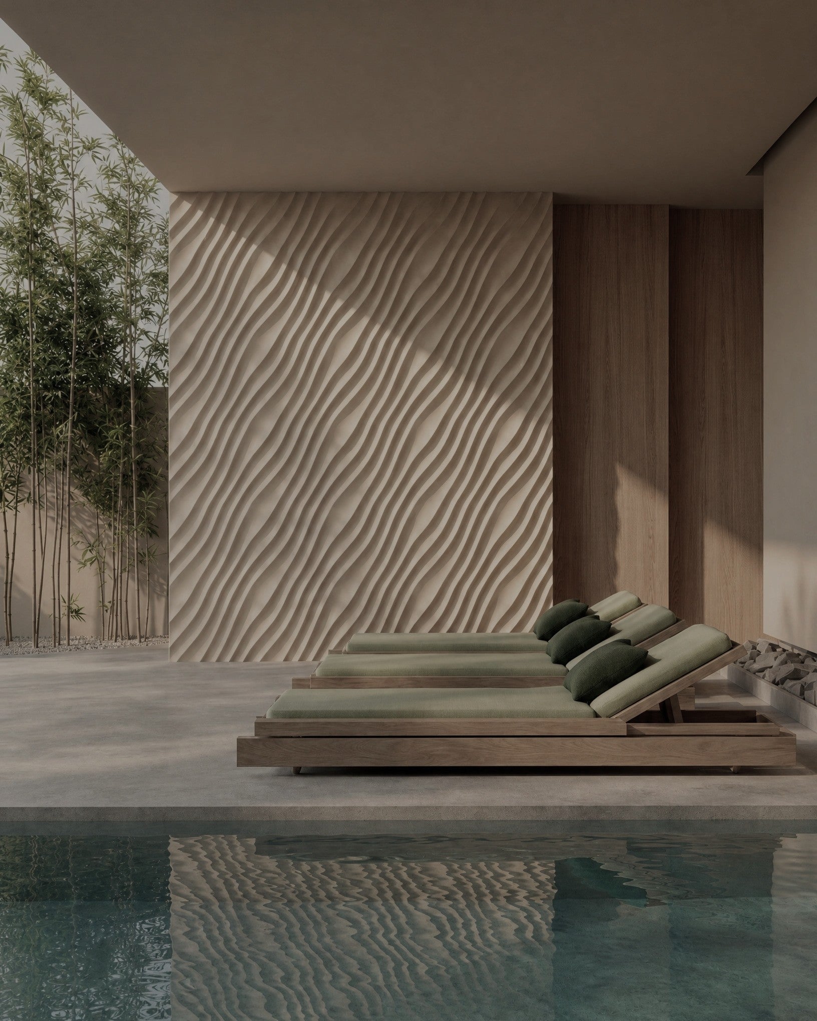 Kandes DUNE 0078 gypsum 3D wall panels on a pool terrace wall with sun loungers and bamboo