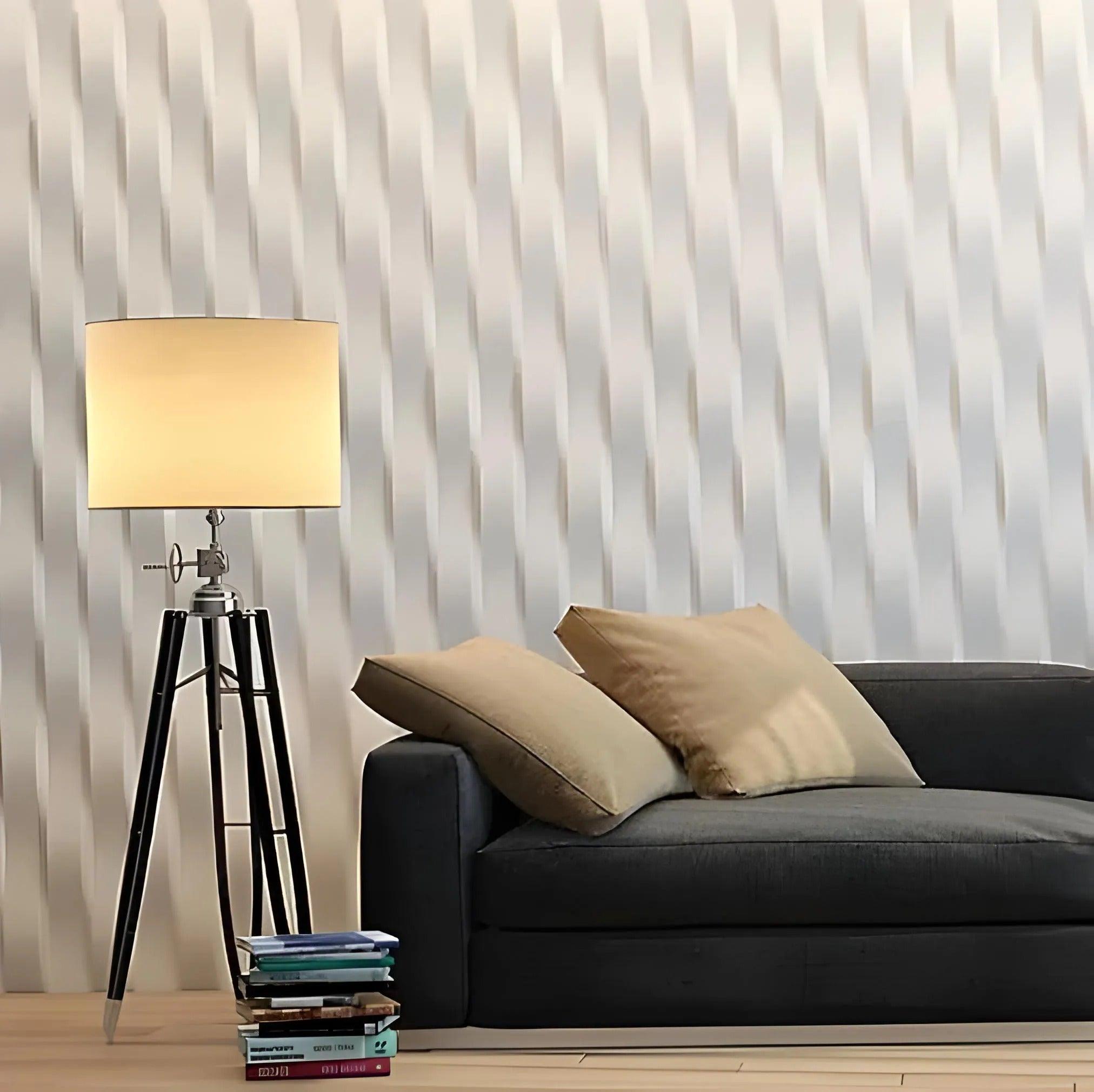 3d textured decorative wall covering, 3d gypsum porcelain plaster effect panels, weave linear design pattern, interior living room with a three dimensional white wall art
