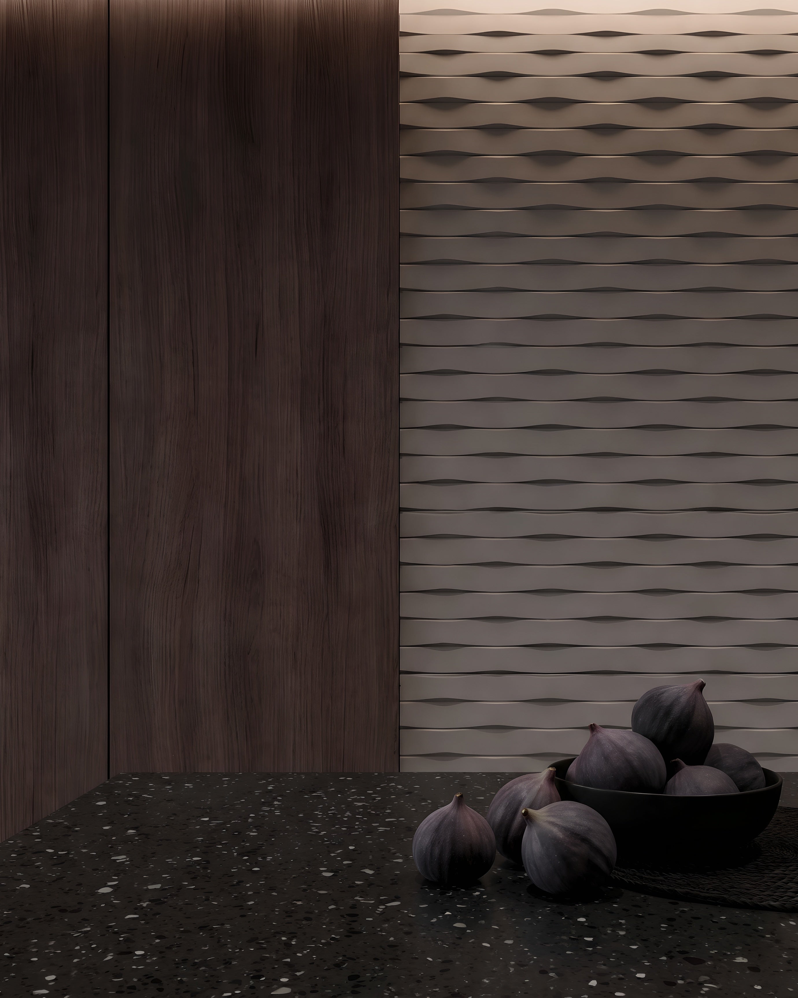 WEAVE 0115 gypsum 3D wall panel texture close up behind a kitchen worktop with figs
