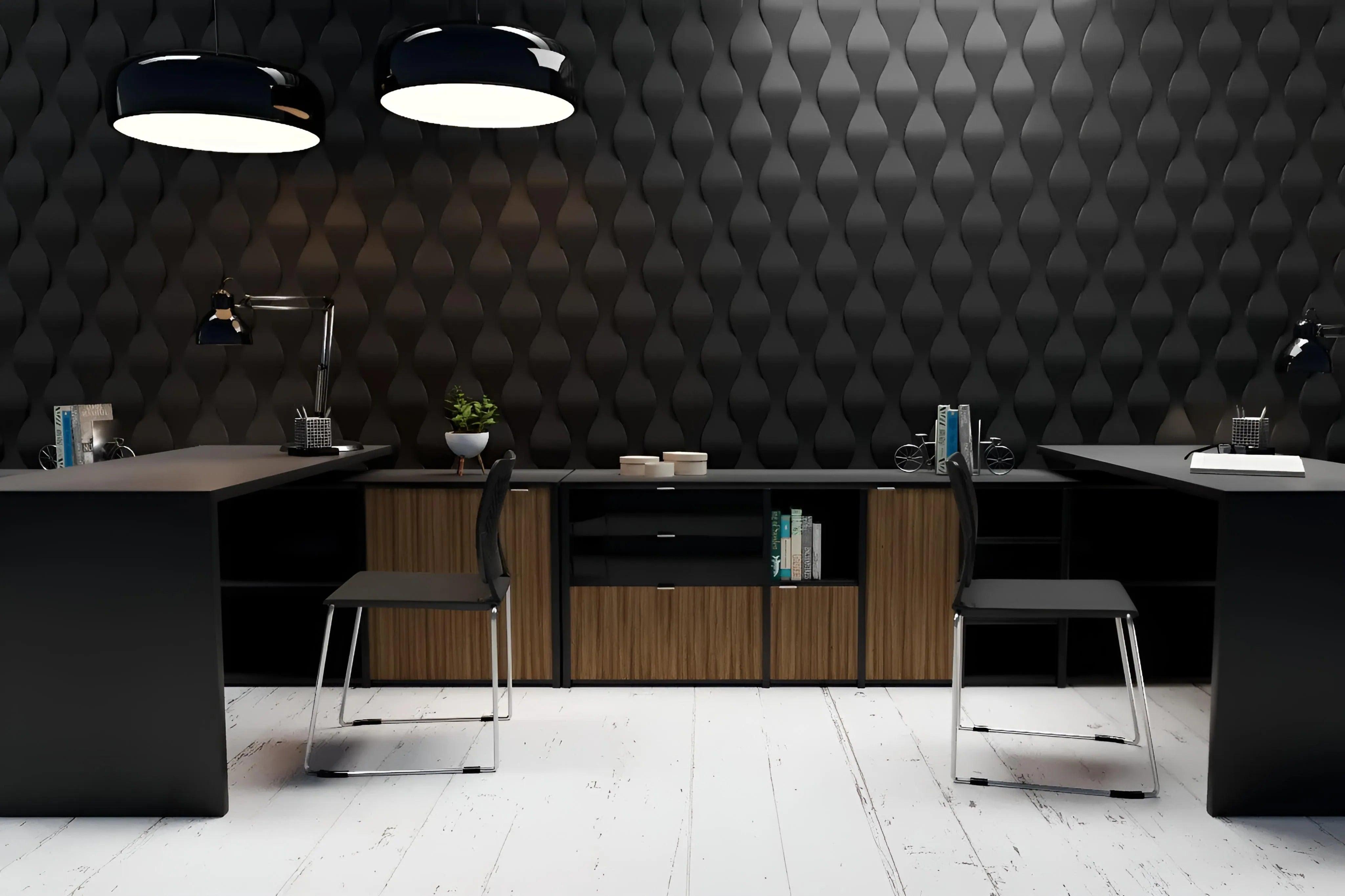 3d textured decorative wall panels, 3d gypsum coverings porcelain plaster effect, round scale geometric pattern, office interior three dimensional wall art black