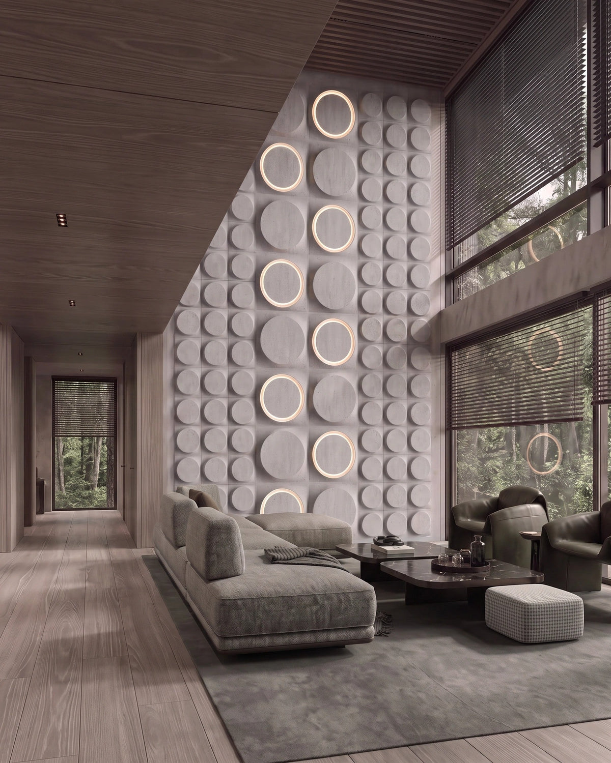 Kandes COSMIC 0412 gypsum 3D wall panels in medium format on a daylight living room wall