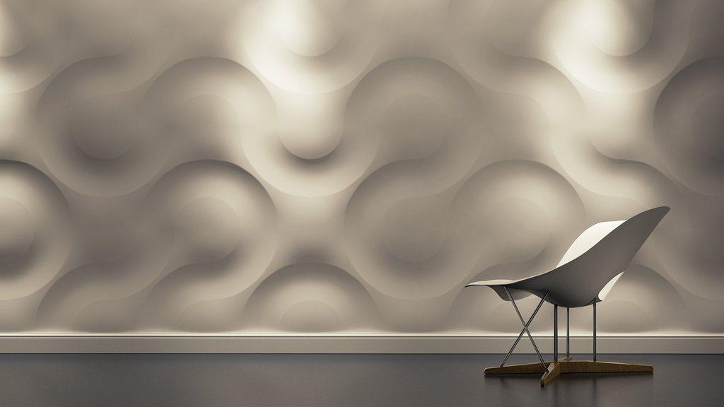 product photo, 3d textured decorative wall panels, 3d gypsum porcelain plaster effect coverings, modern clean waves circles design, warm beige large three dimensional wall art