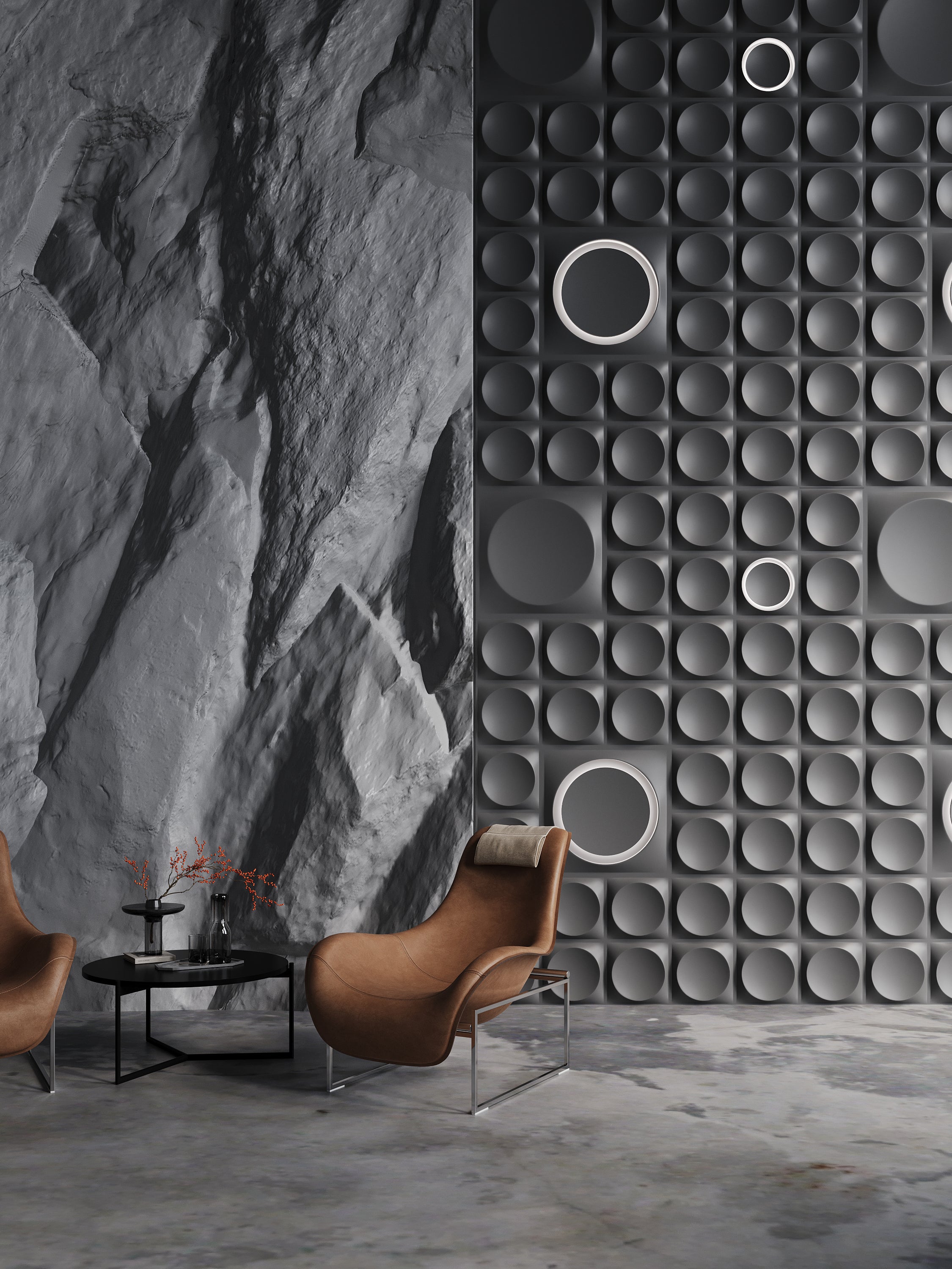 Cosmic LED integrated 3d wall panels from gypsum in a retail boutique setting in a masculine dark interior