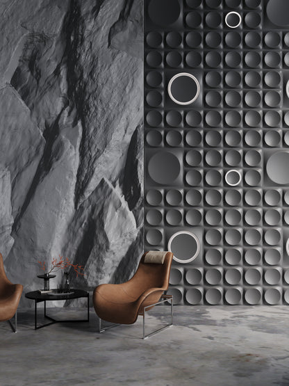 Cosmic LED integrated 3d wall panels from gypsum in a retail boutique setting in a masculine dark interior