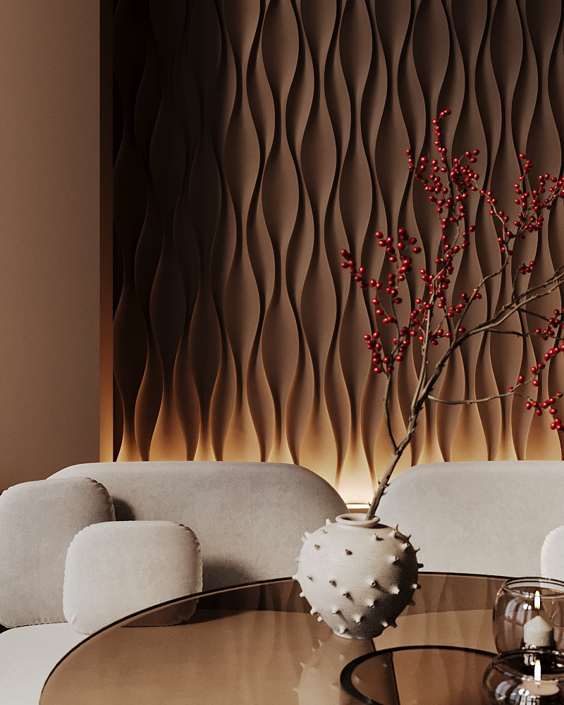 Interior design of a modern luxury caffe featuring 3d gypsum wall panels implemented in the arches. lowing organic natural patterns. Beige, warm white, brown color tones. Sustainable materials. Evening restaurant with ambient light and cozy interior. Close up of the wall with 3d panel