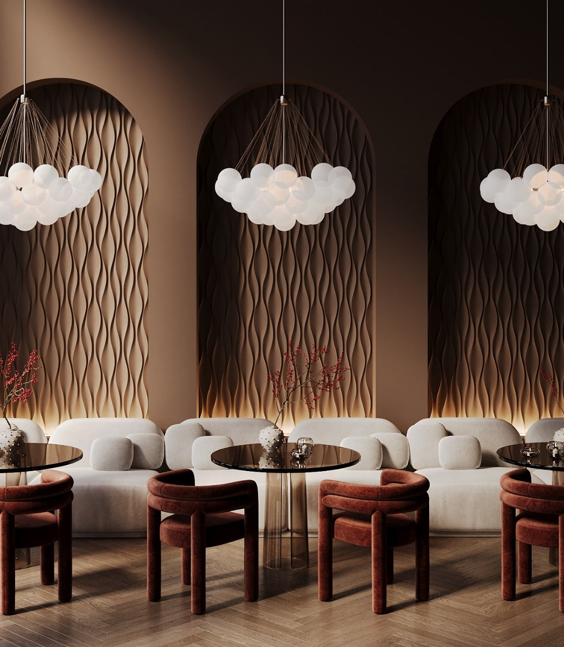Interior design of a modern luxury caffe featuring 3d gypsum wall panels implemented in the arches. lowing organic natural patterns. Beige, warm white, brown color tones. Sustainable materials. Evening restaurant with ambient light and cozy interior