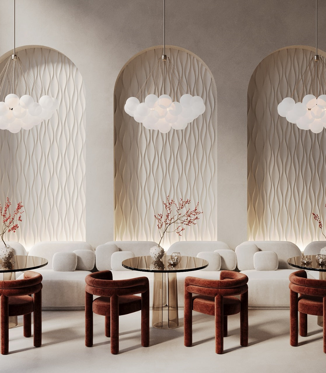 Interior design of a modern luxury restaurant featuring 3d gypsum wall panels implemented in the arches. lowing organic natural patterns. Beige, warm white, brown color tones. Sustainable materials 