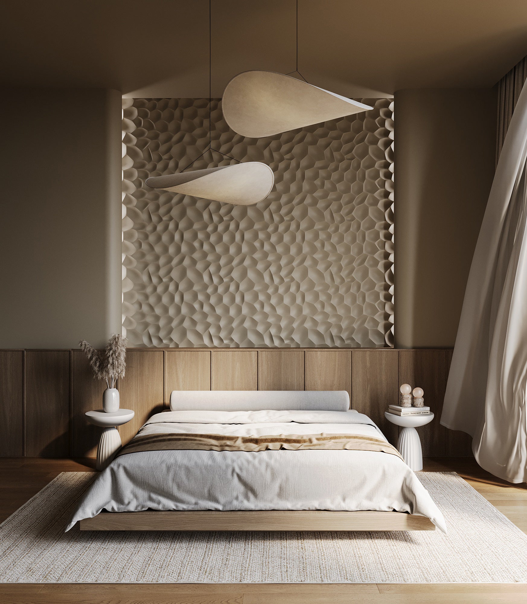 Photo depicts bedroom with japandi interior in soft beige and white colors. Back wall is accent wall featuring 3d wall panels from plaster. Soft natural calming design perfect for modern bedroom