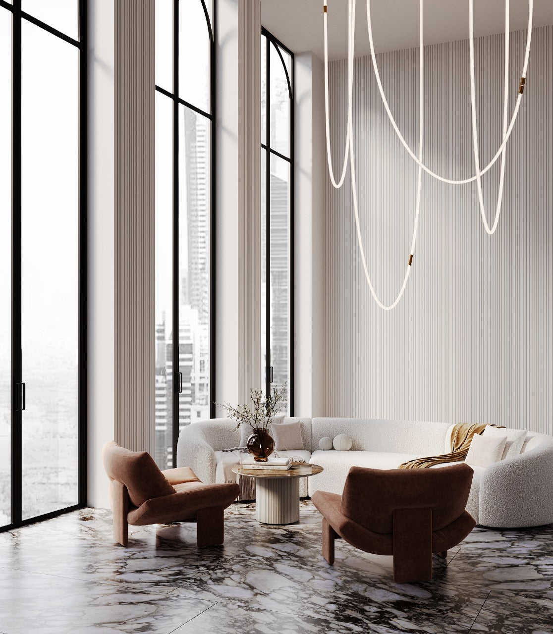 Modern residential or commercial interior with slat wall panels design in beige warm white and browns colors. Wall panels are made of high quality plaster gypsum. 3D wall panels are made in Switzerland, luxury and sustainable interior design
