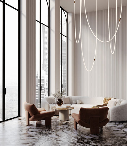 Modern residential or commercial interior with slat wall panels design in beige warm white and browns colors. Wall panels are made of high quality plaster gypsum. 3D wall panels are made in Switzerland, luxury and sustainable interior design