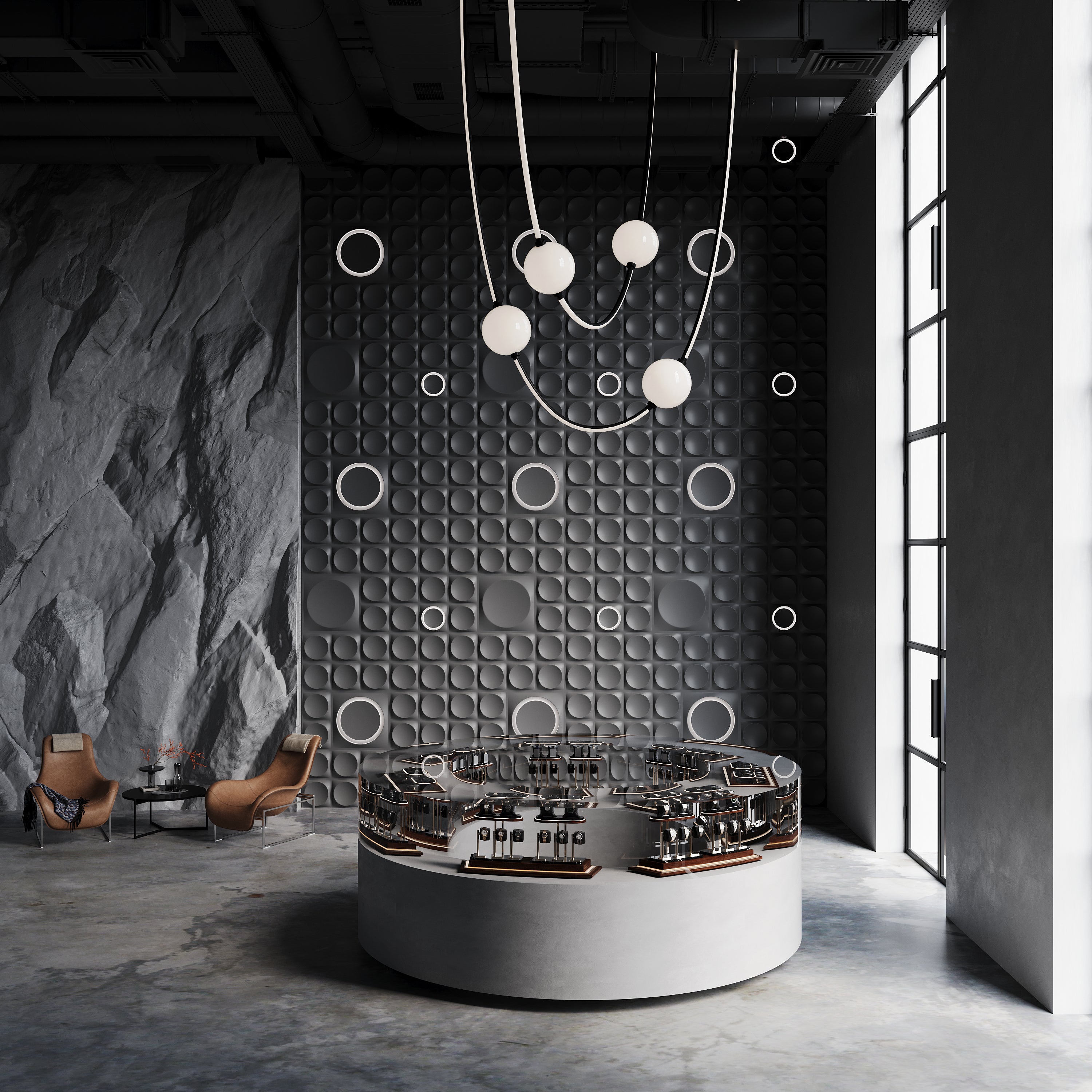 3d wall panel from gypsum with LED light COSMIC installed in a commercial boutique retail space interior in modern dark sophisticated space