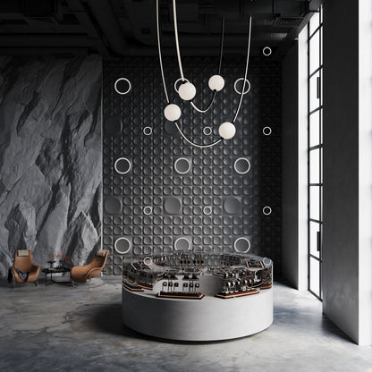 3d wall panel from gypsum with LED light COSMIC installed in a commercial boutique retail space interior in modern dark sophisticated space