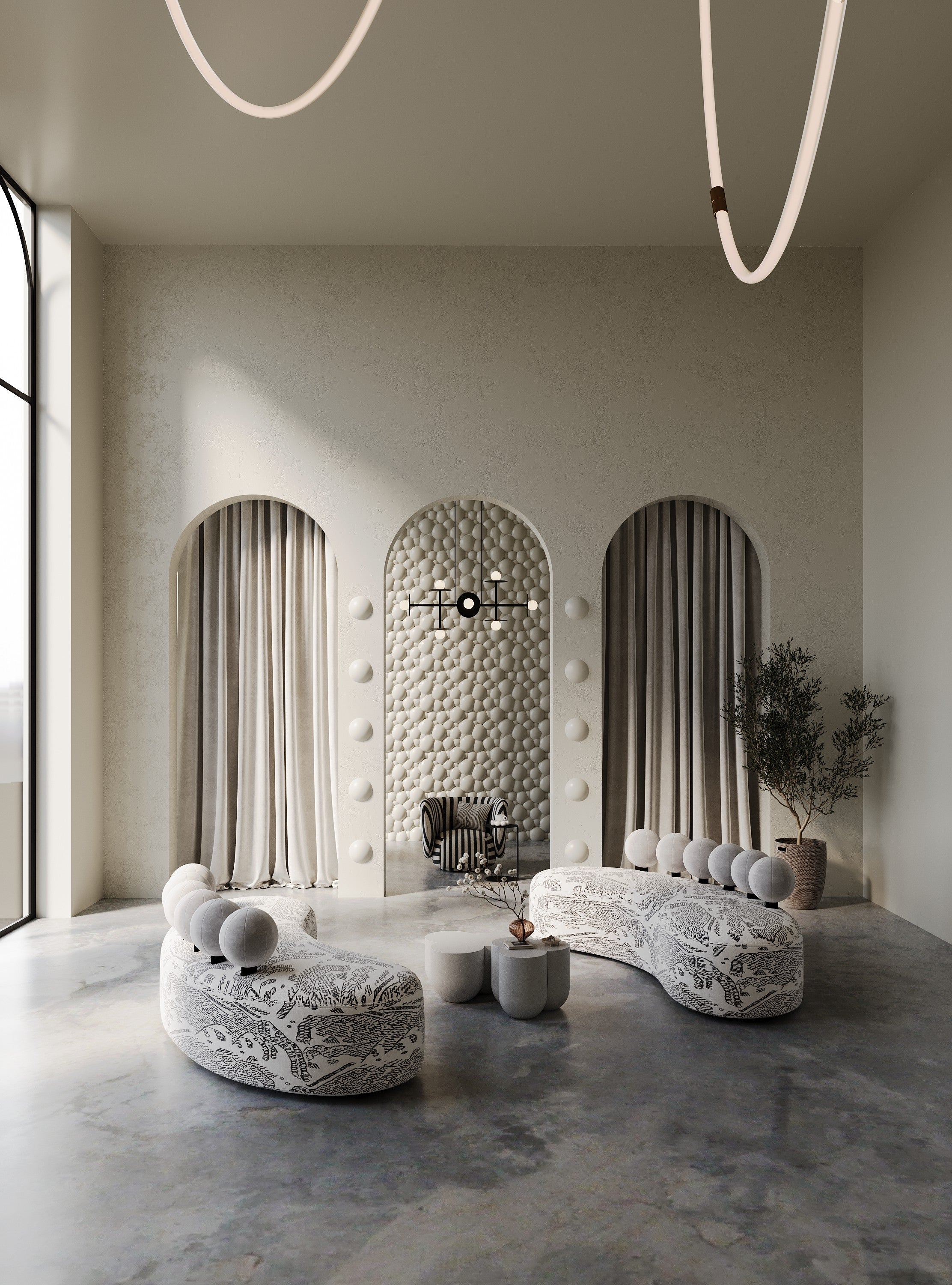 SOAP 3d Wall Panels in a commercial gallery lounge-style space, white textured walls modern design