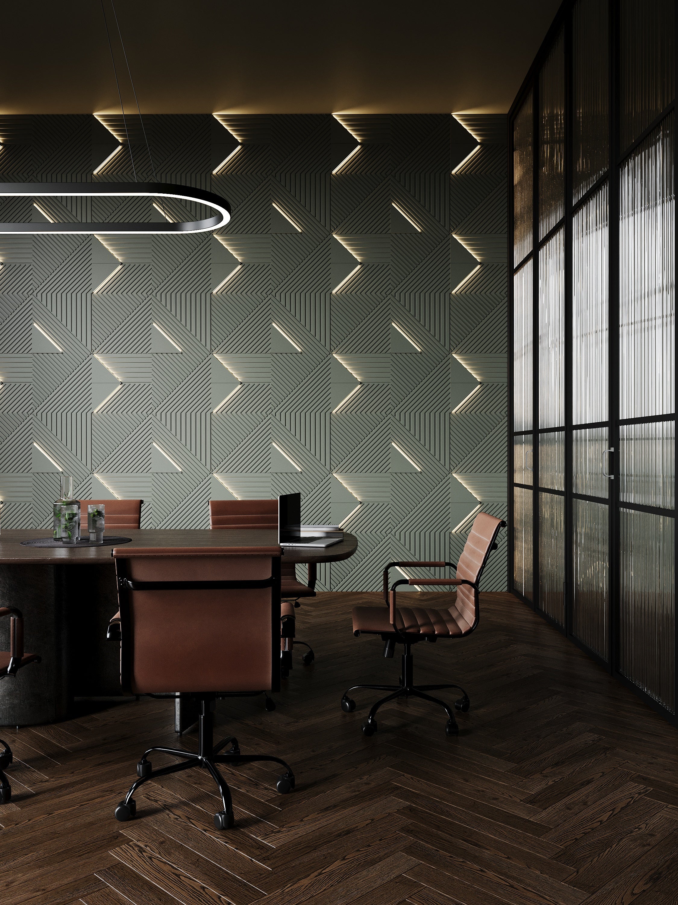 3d wall panels from gypsum TRINITY, modular design. Modern classy office conference room interior setting. Dark green feature wall with integrated lighting elements