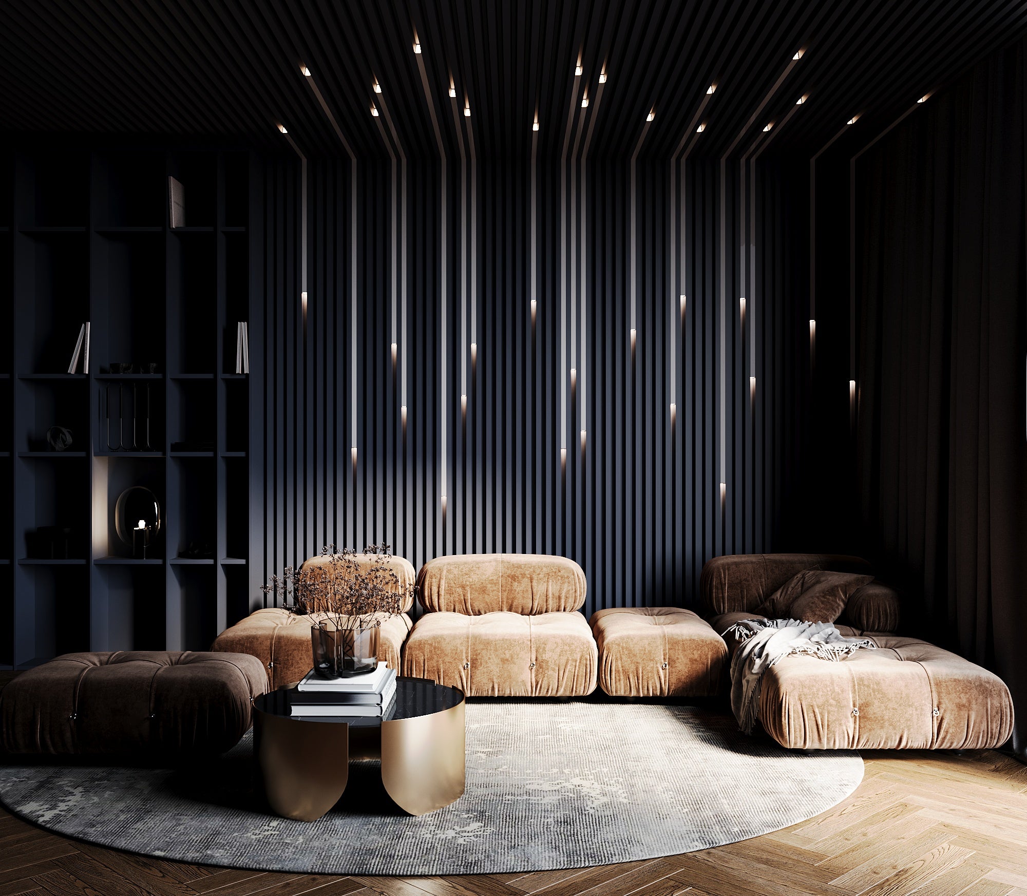 Dark Black Living room TV wall with slat wall panels with LED integration from Swiss brand of premium quality 3d wall panels Kandes
