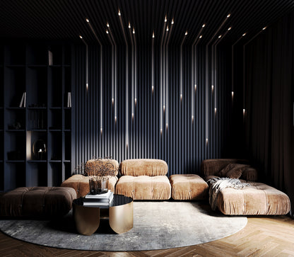 Dark Black Living room TV wall with slat wall panels with LED integration from Swiss brand of premium quality 3d wall panels Kandes

