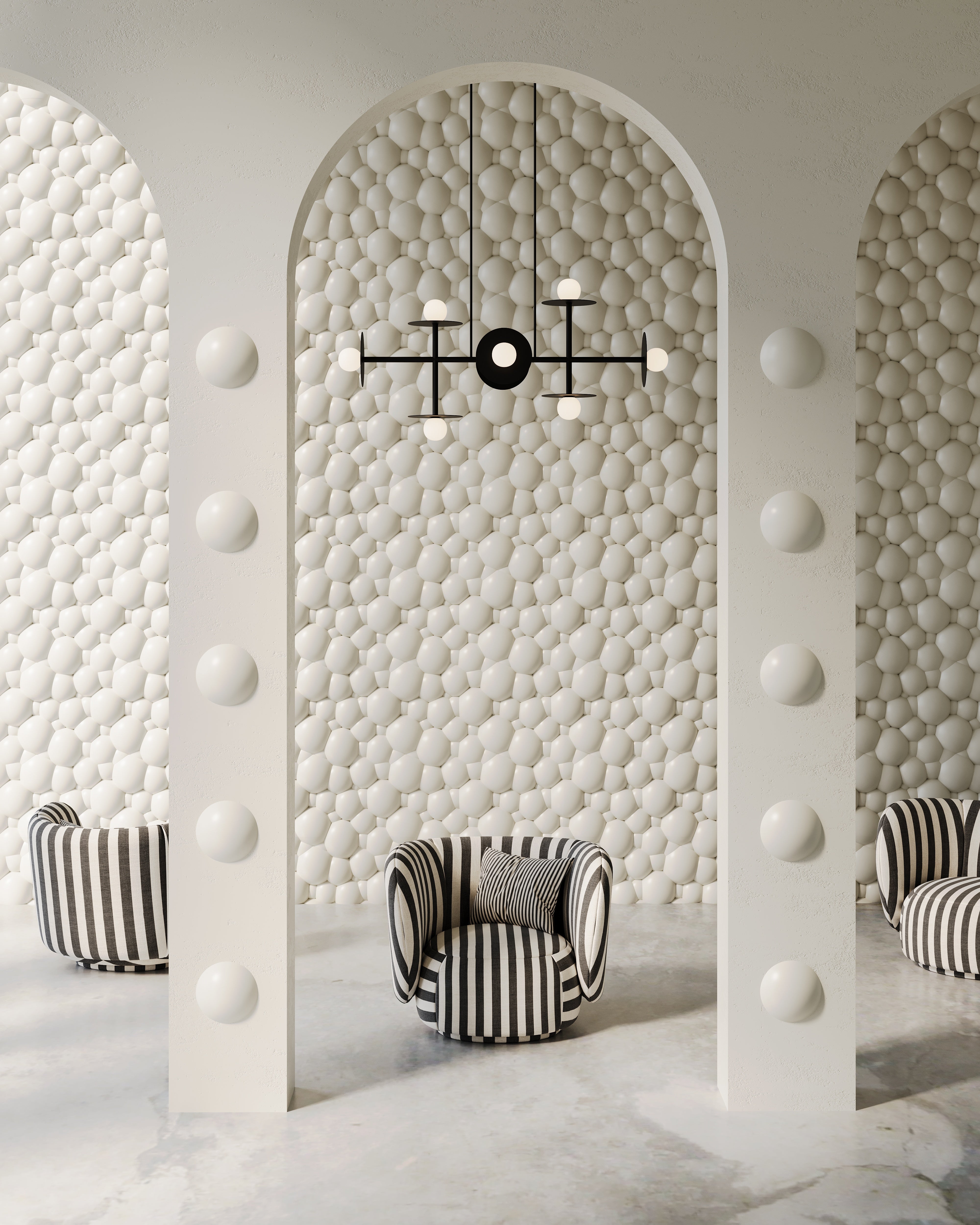 Image features an interior design of a residential or commercial space with backdrop wall and arches made of 3d wall panels from plaster. The interior is modern and luxurious, featuring whimsical modern furniture. 3D wall panels have a high-end porcelain plaster finish effect and bubble or foam-like organic pattern. Interior is in subtle white grey and beige colors. 
Swiss 3D Wall Panel in soft white color depicting foam bubbles
