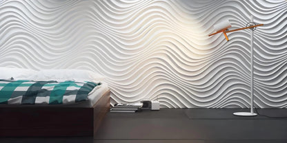 3d textured decorative wall coverings, 3d gypsum porcelain plaster effect wall panels, waves dunes lines design in white, interior hotel bedroom with a large three dimensional wall art