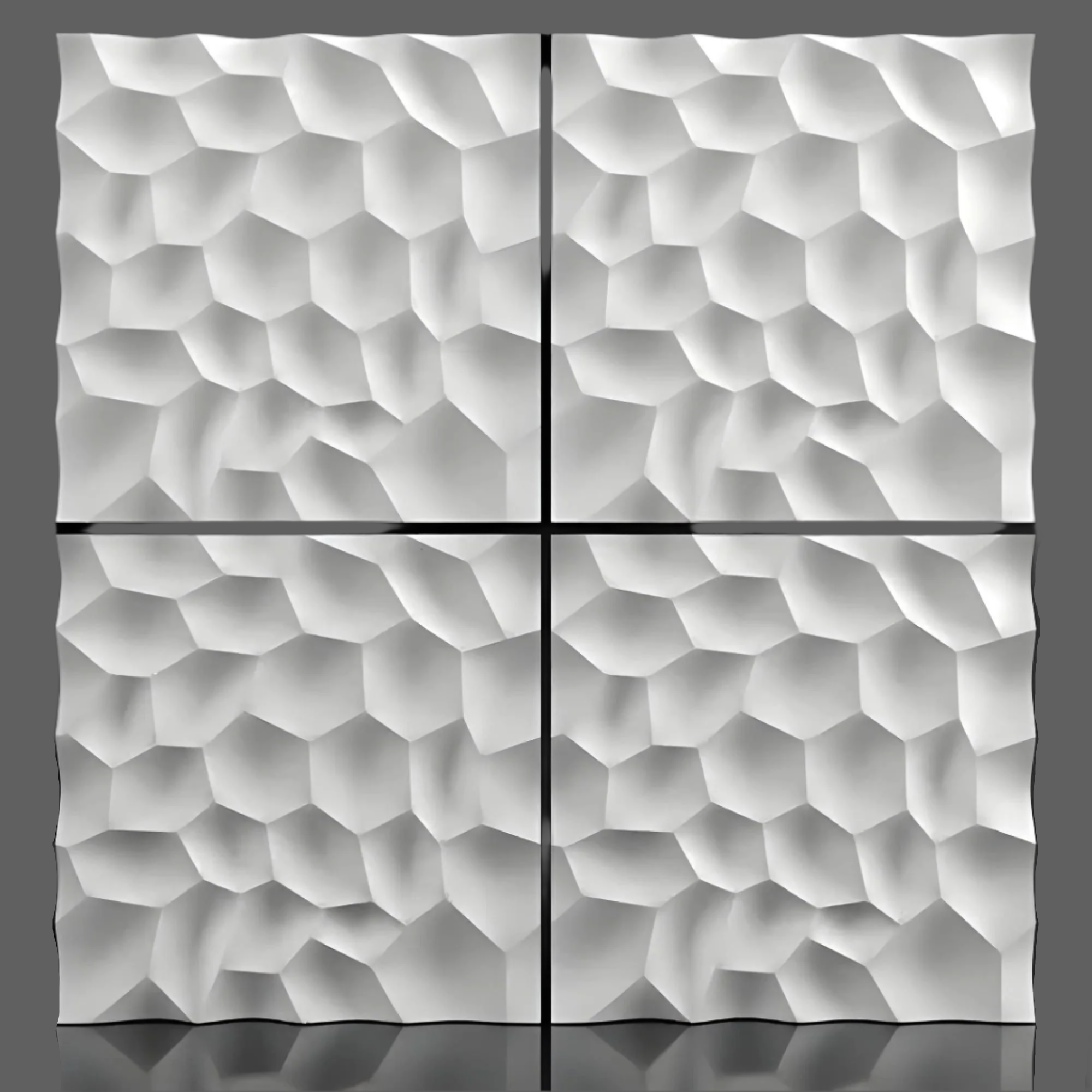 White geometric gypsum 3D panels with an organic hexagonal texture, designed for sophisticated wall paneling. These premium plaster 3D wall panels from Kandes, a Swiss producer of superior wall cladding, add depth and dimension to any interior. Crafted from all-natural gypsum, A1 non-combustible, and eco-conscious, they are ideal for commercial projects, hospitality spaces, and residential interiors. Paintable for full customization, ensuring a seamless and stylish accent wall.