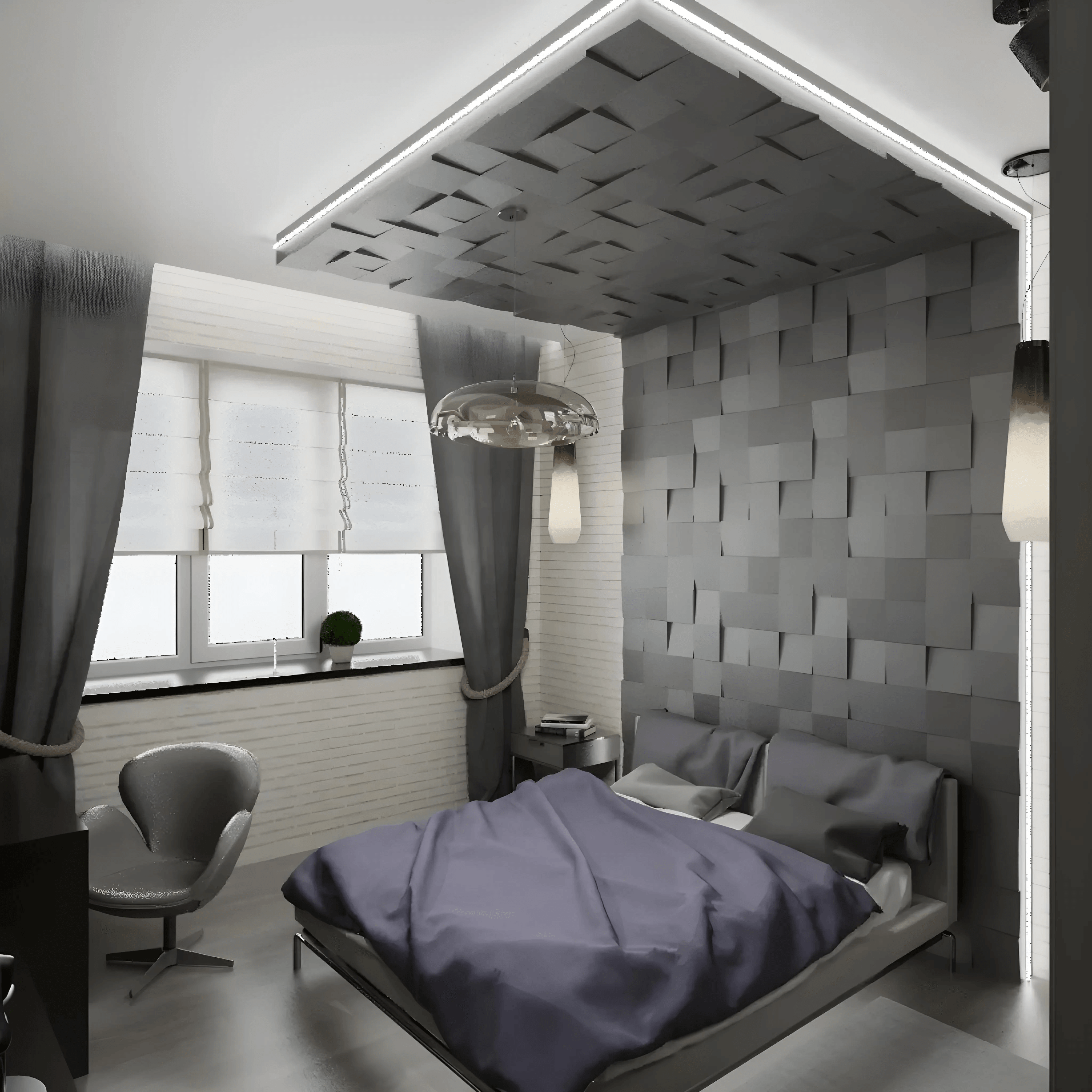 3d wall ceiling panels porcelain plaster gypsum squares modern design hotel room interior black feature wall