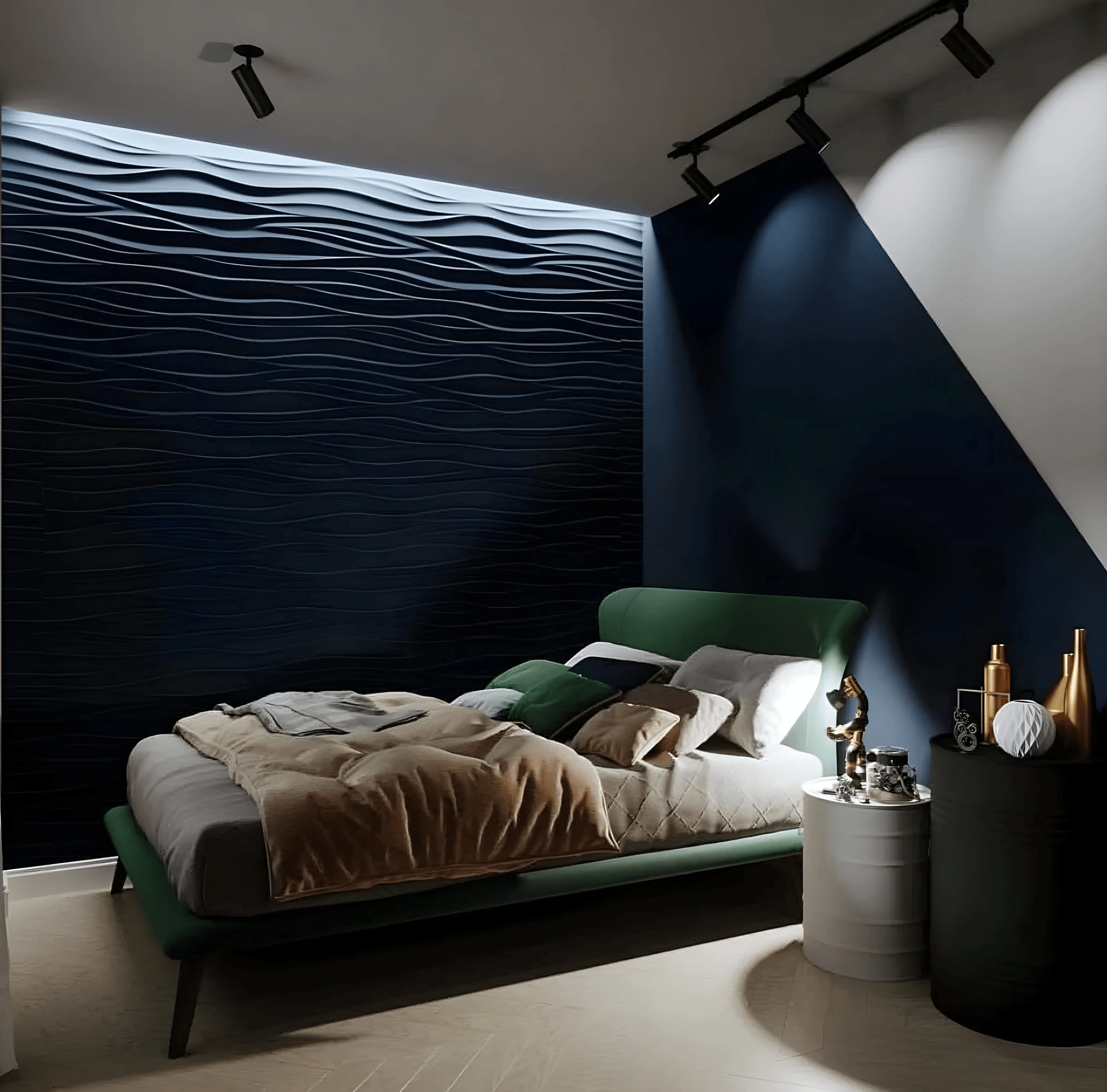 3d wall panel gypsum waves dunes design Swiss quality bedroom dark blue design