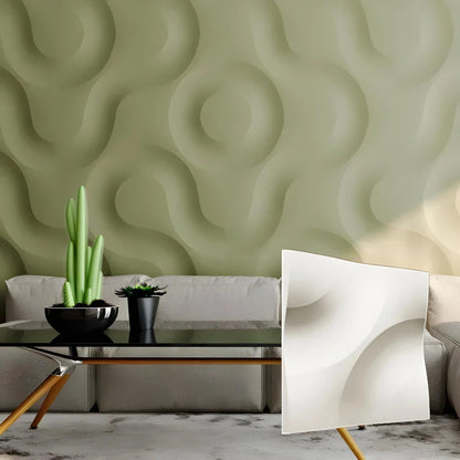 product photo, 3d textured decorative wall panels, 3d gypsum porcelain plaster effect coverings, modern clean waves circles design, feature wall in the living room in olive green colour from large 3d panels