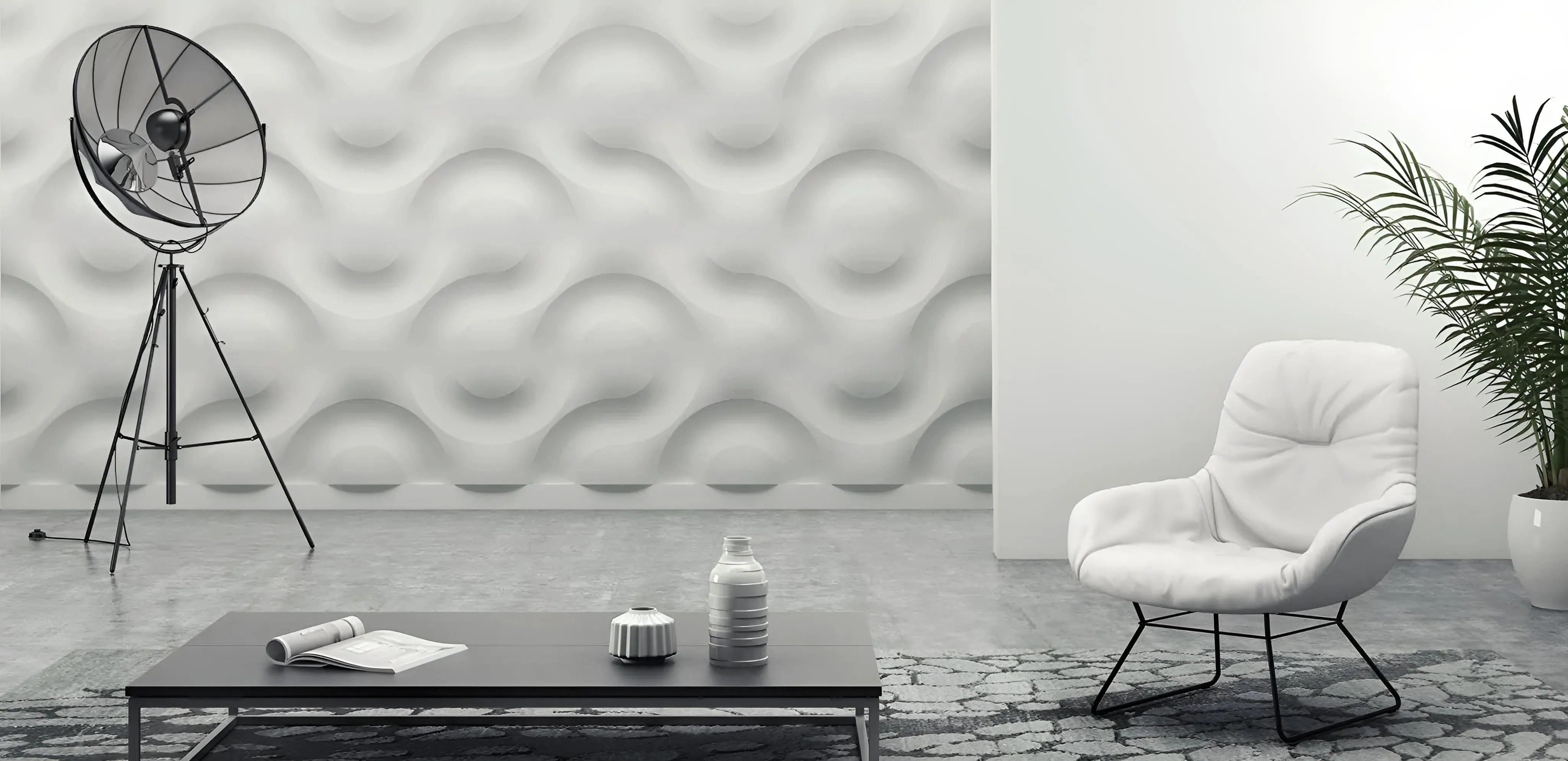 product photo, 3d textured decorative wall panels, 3d gypsum porcelain plaster effect coverings, modern clean waves circles design, loft grey scale design with large  three dimensional wall art