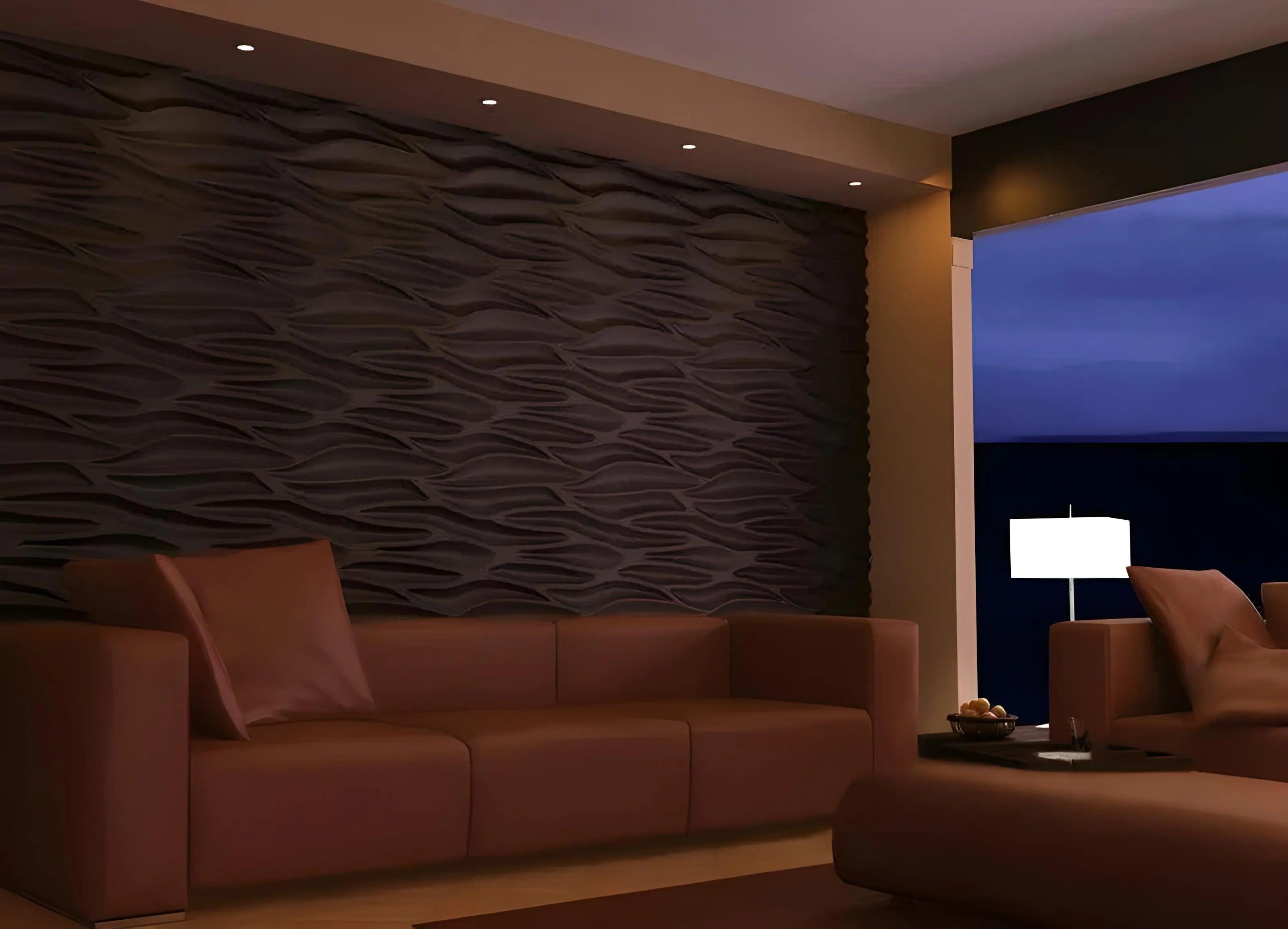 product phot white 3d gypsum panel Swiss quality  waves pattern feature wall dark moody living room