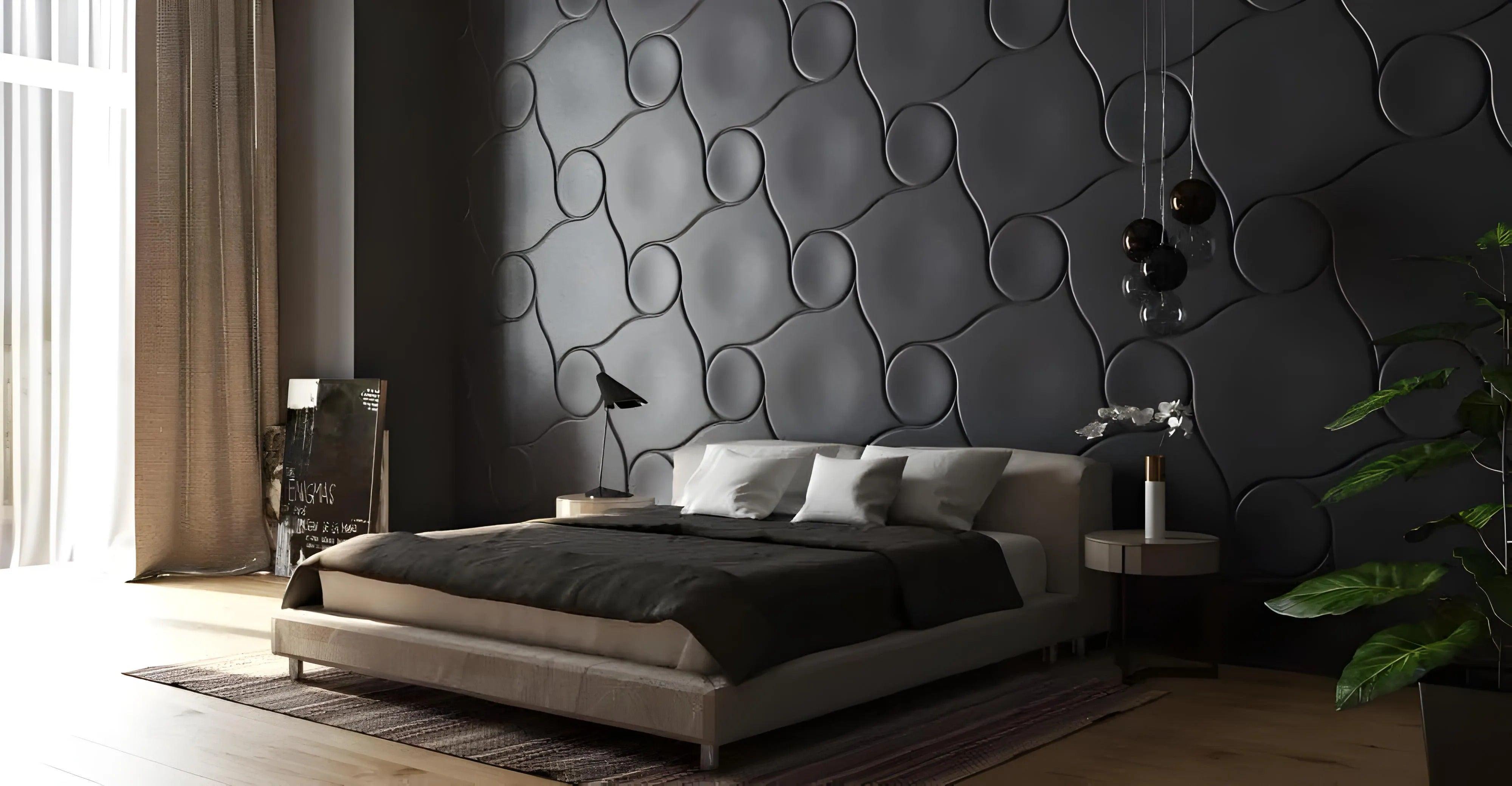 3d gypsum wall panels modern design Swiss quality black feature wall hotel bedroom design