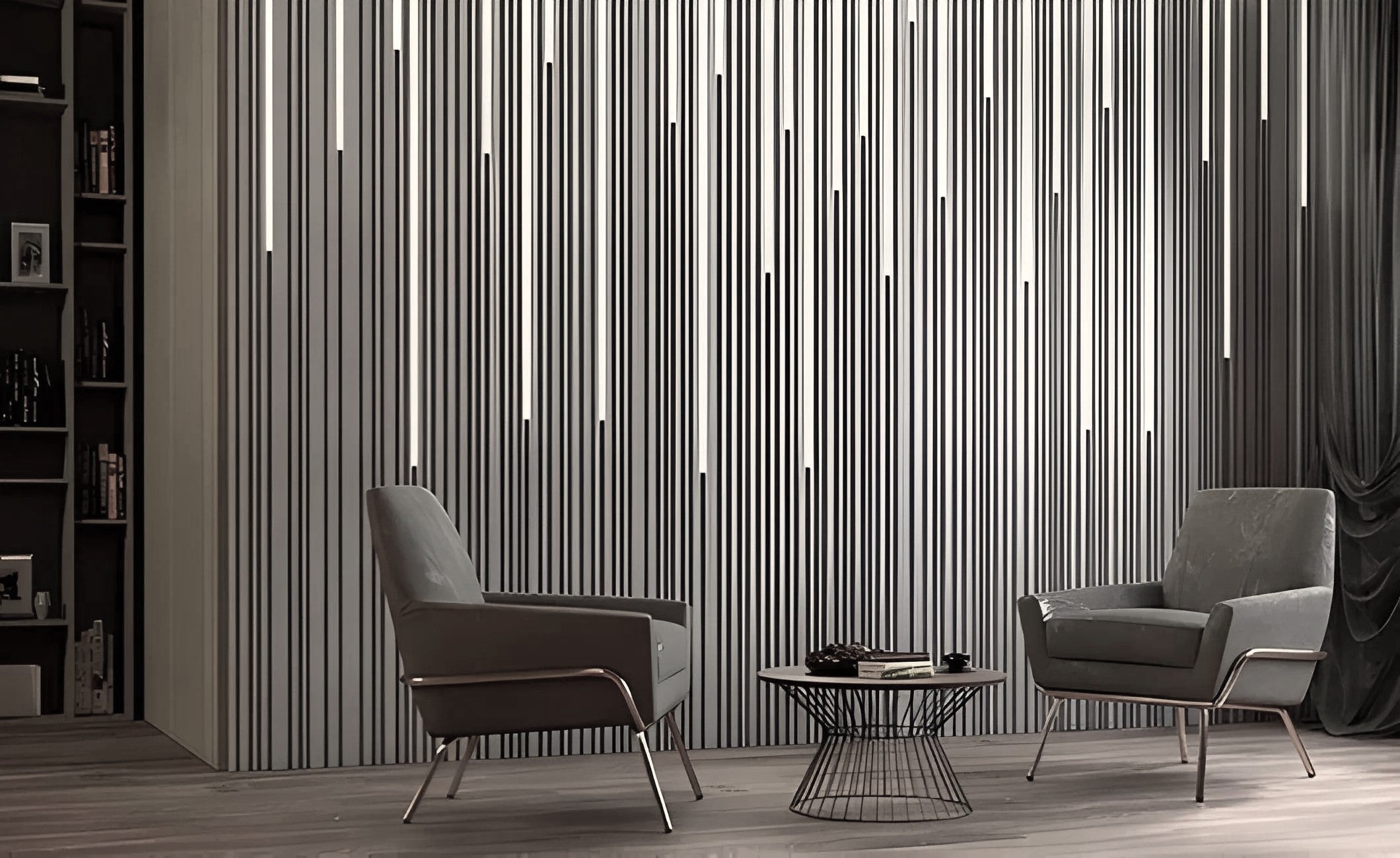 Black and white vertical-groove gypsum 3D wall panels with integrated LED lighting, creating a sophisticated feature wall in a contemporary lounge. These premium plaster 3D panels from Kandes, a Swiss producer of high-quality wall coverings, enhance interior design with indirect lighting, sleek linear patterns, and seamless wall cladding. Made from all-natural gypsum, A1 non-combustible, and eco-conscious, they are ideal for commercial and residential projects. Paintable for full customization.