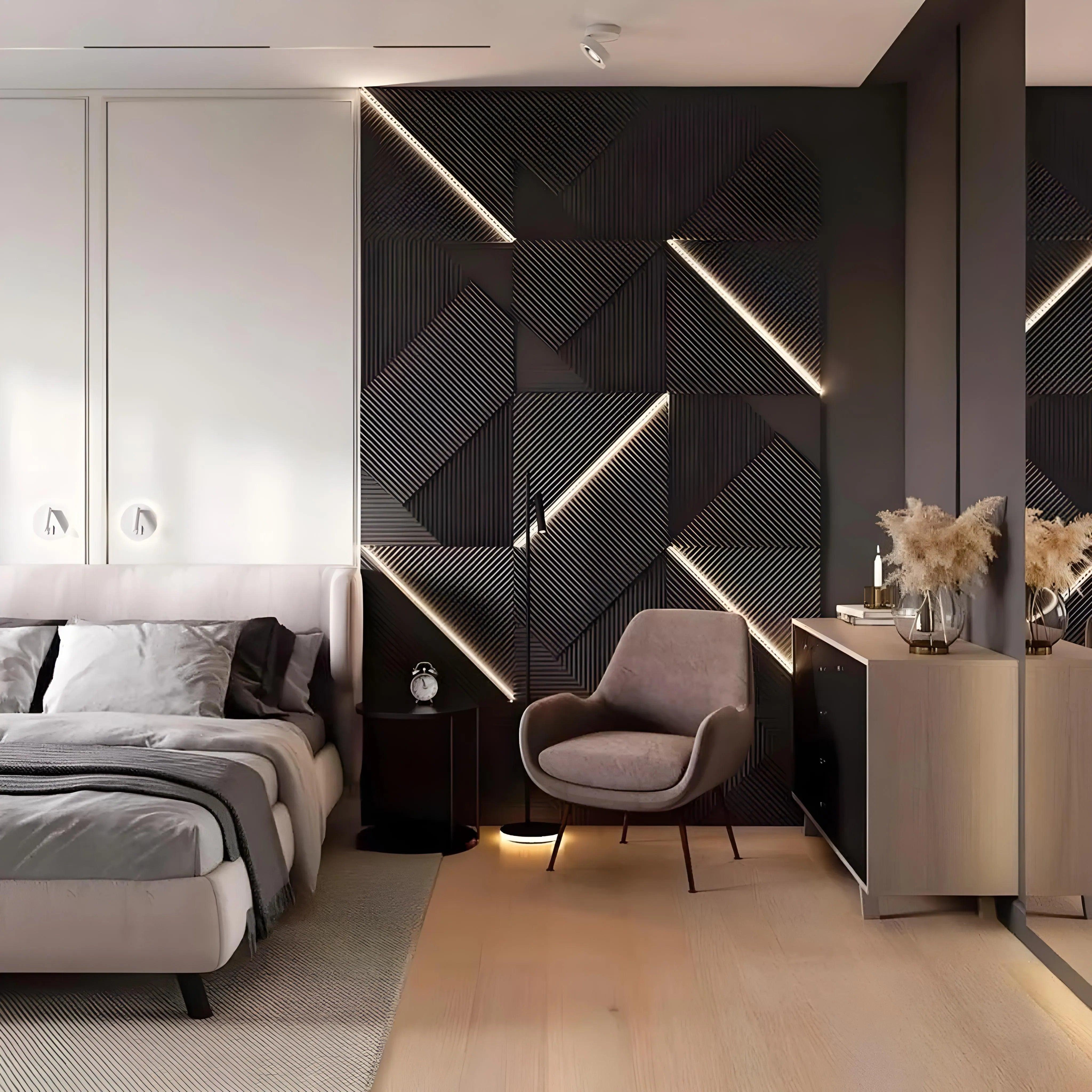 3d gypsum led panel Swiss quality linear modern design black feature wall hotel room 