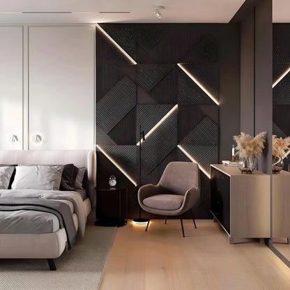 3d gypsum led panel Swiss quality linear modern design black feature wall hotel room 