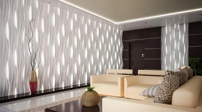 hotel reception interior, gypsum 3d wall panels with light element, flowing  wave design wall coverings